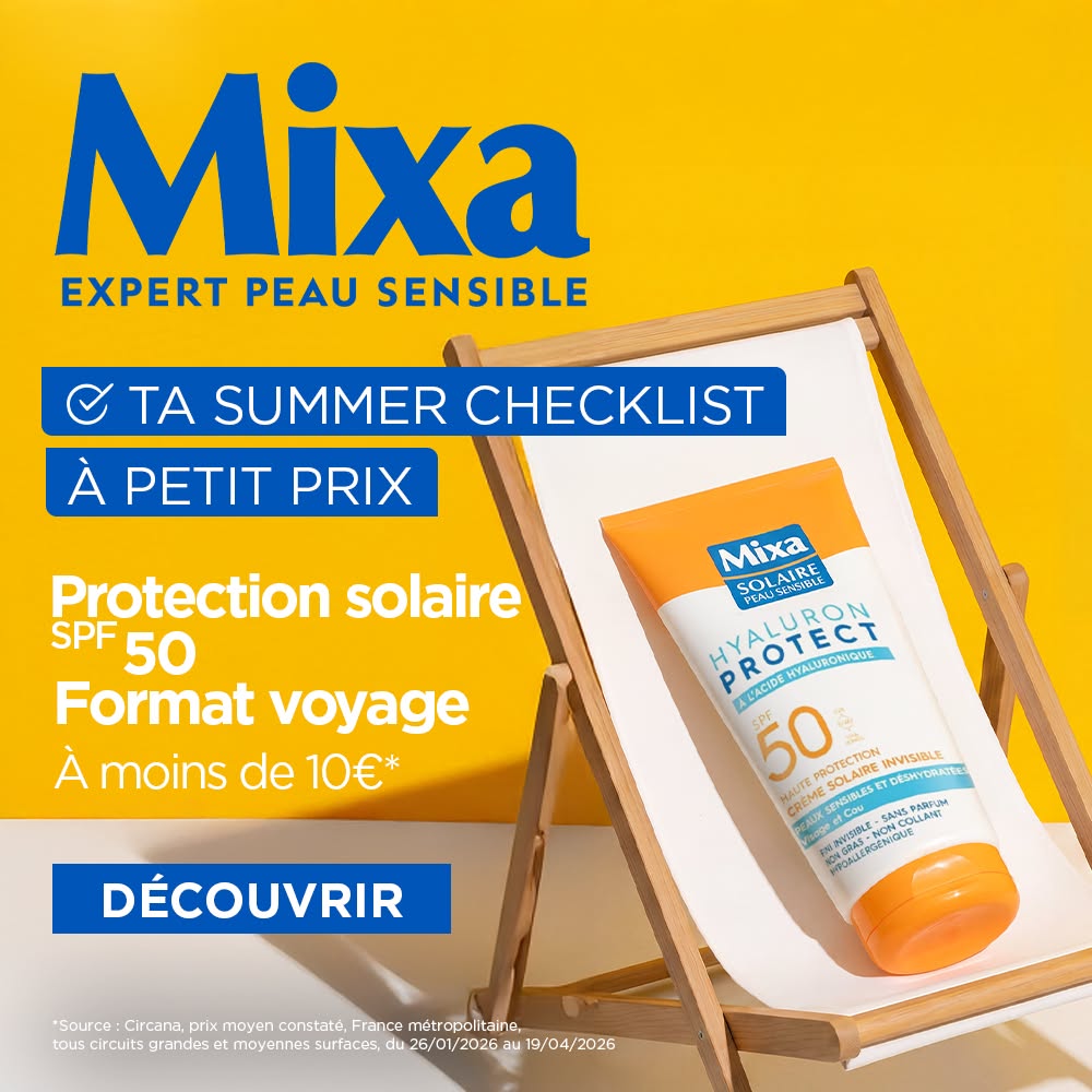 Mixa Facebook ad: Solaire SPF 50 format voyage