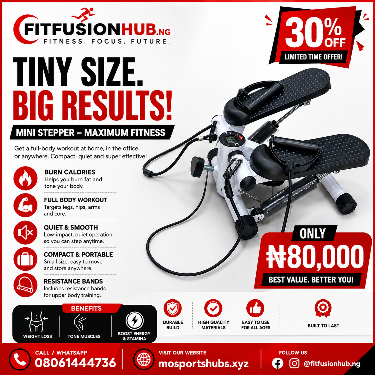 Fitfusionhub.ng Facebook ad: 30% OFF Mini Stepper, Limited-Time Offer!