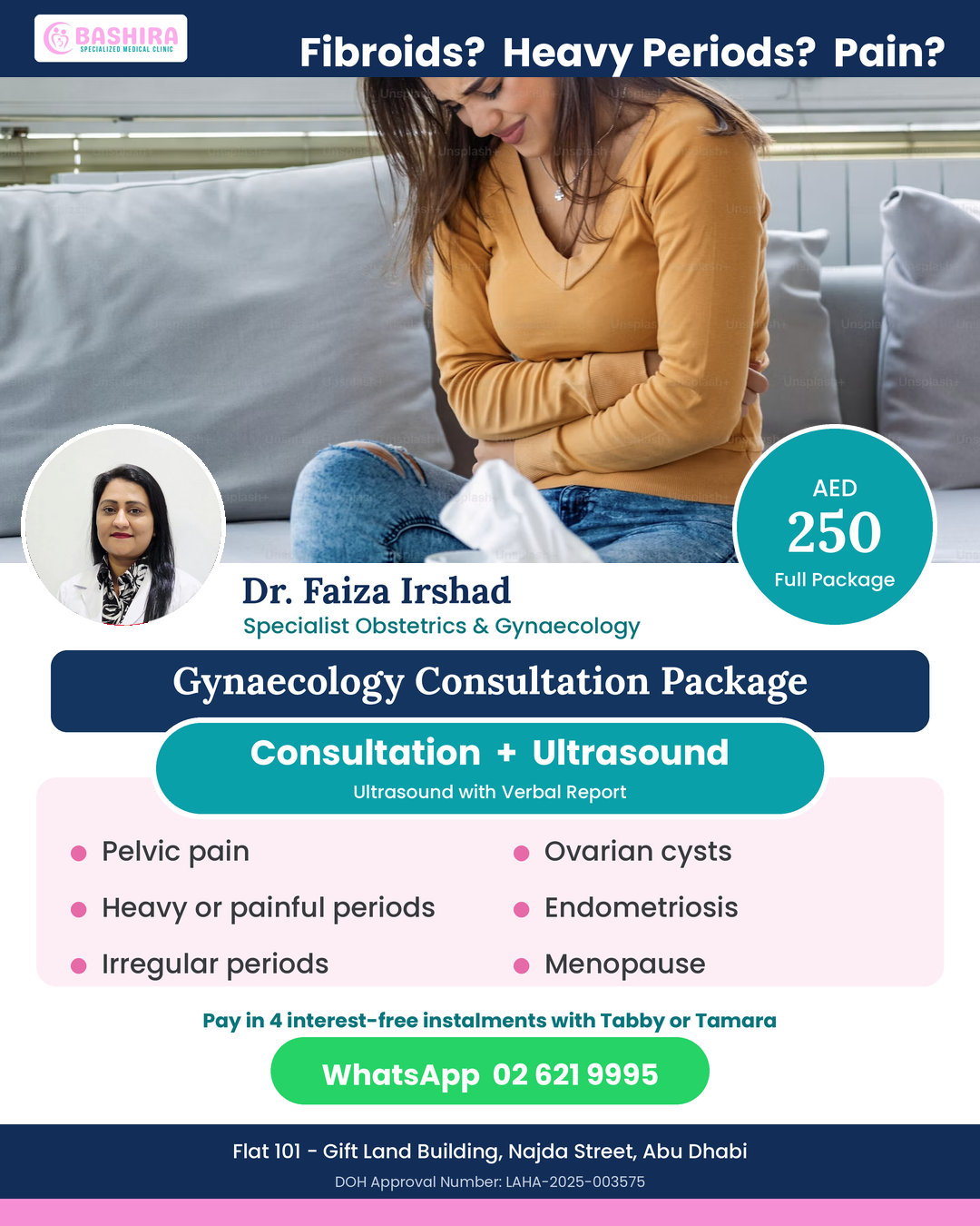 Bashira Specialized Medical Clinic Facebook ad: Gynae Consult + Ultrasound AED 250