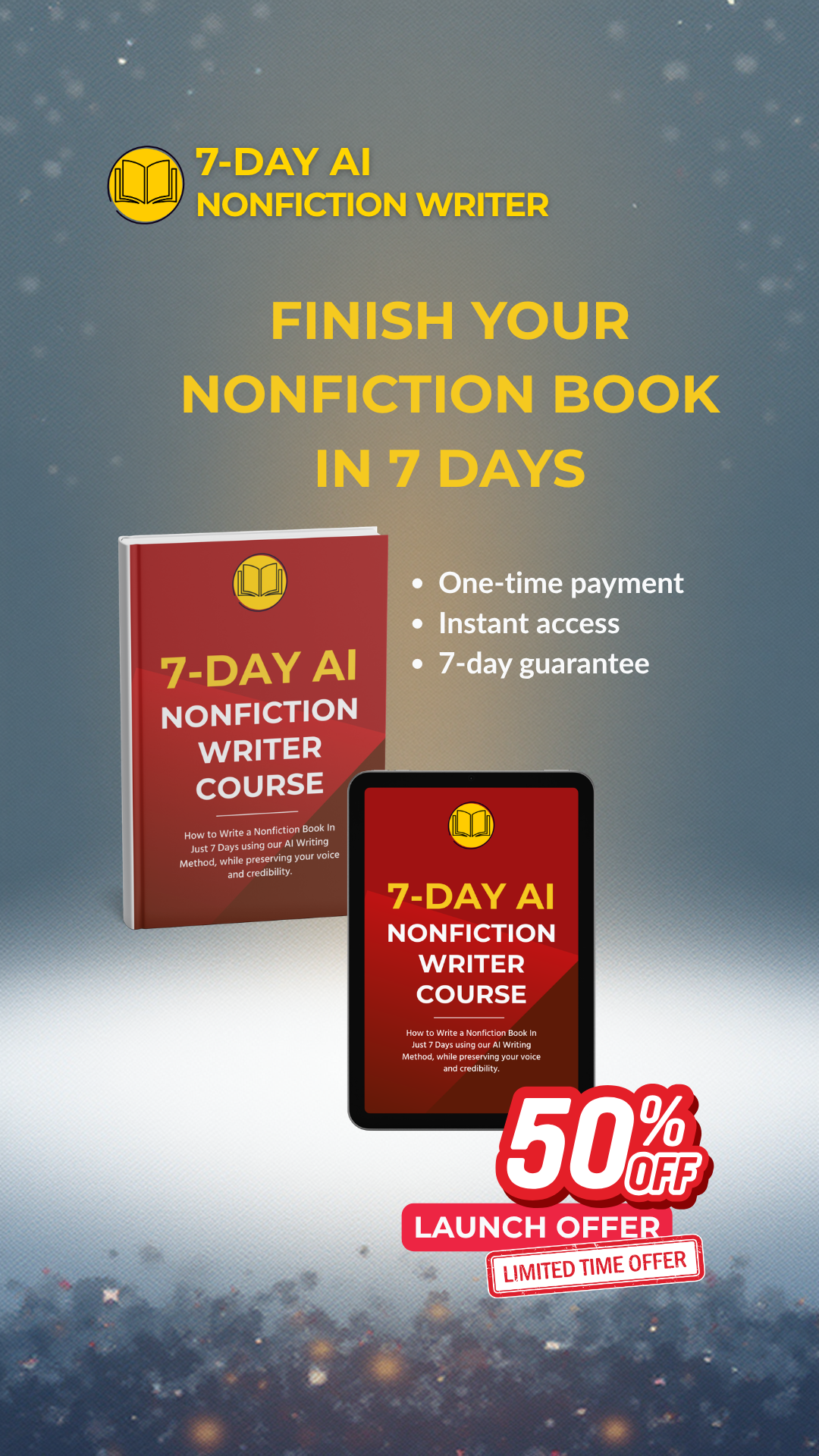 7 Day AI Writer Facebook ad: Ready to stop dreaming someday? Write your nonfiction book…