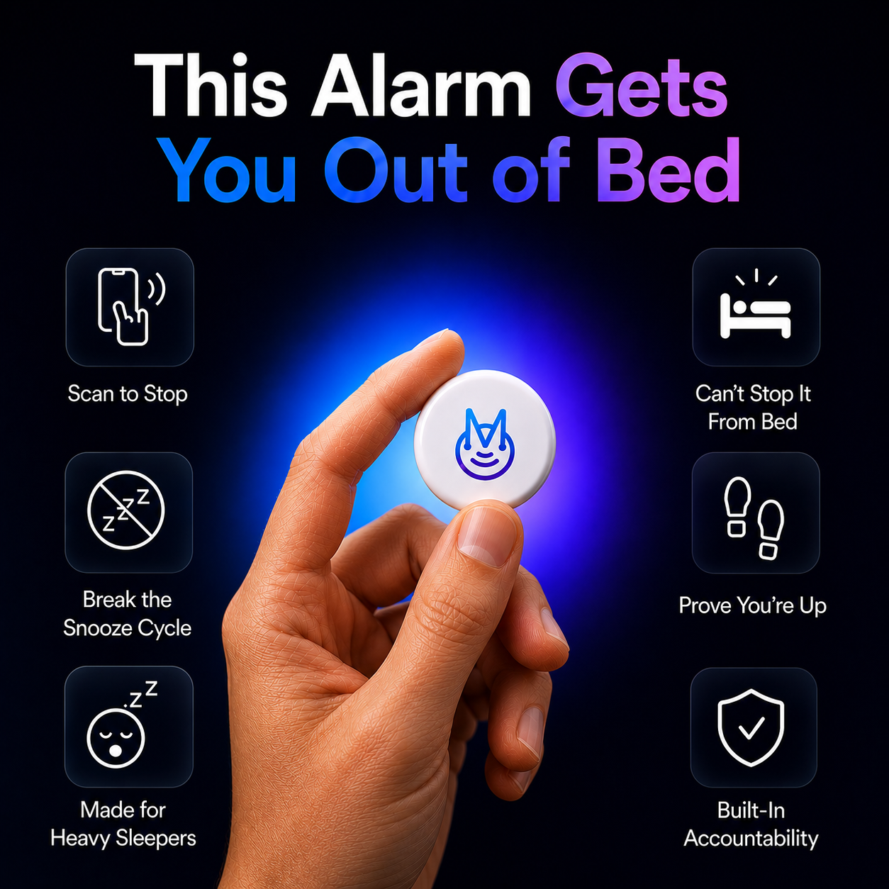 Moti Alarm App Facebook ad: Your alarm trusts you too much.
