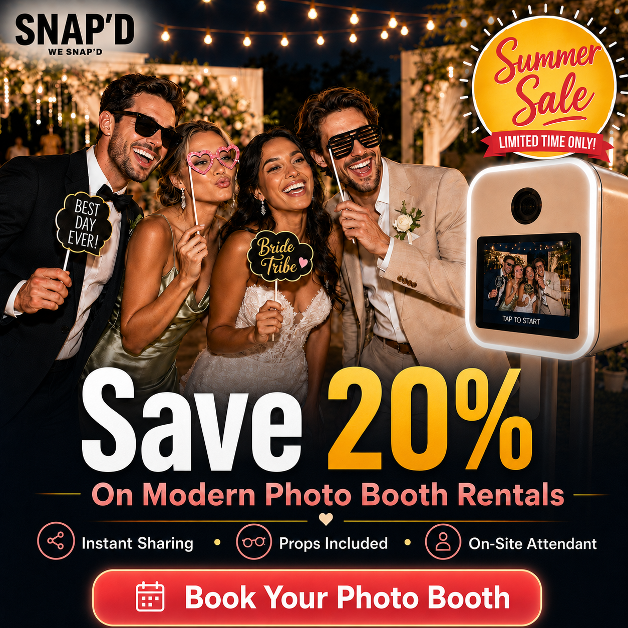 Snap’d - Photo-Booth Rental Facebook ad: Open Air Photo Booth From $299