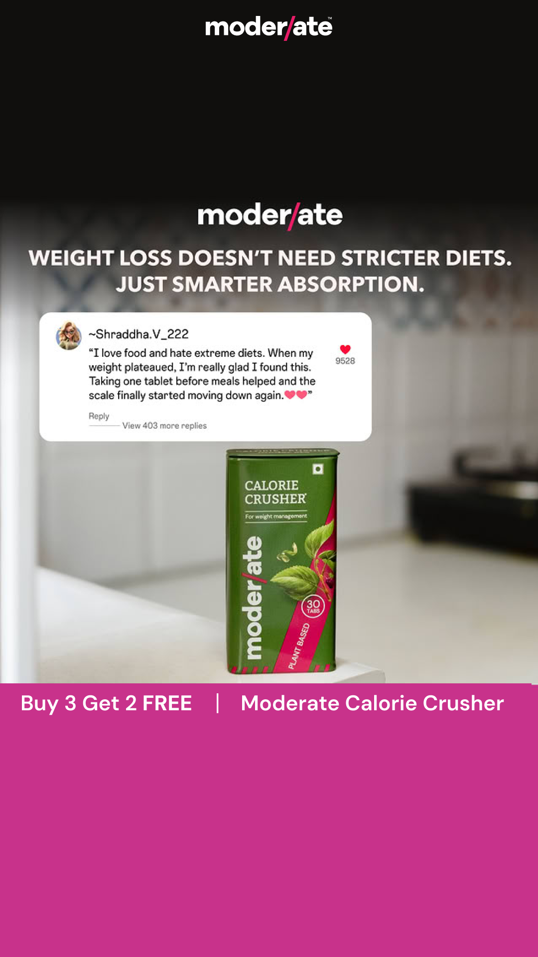 Letsmoderate Facebook ad: Buy 3, Get 2 FREE | Calorie Crusher