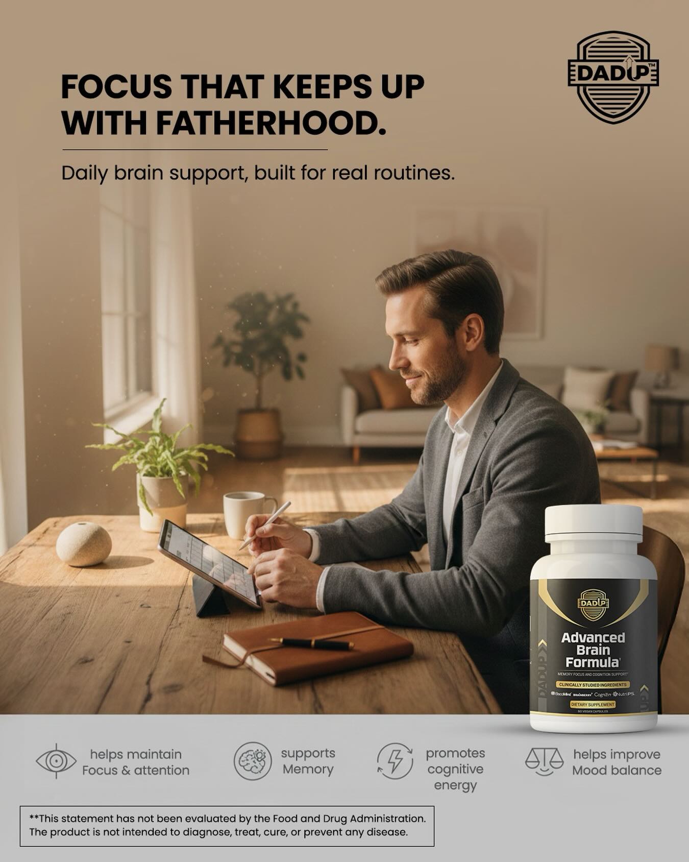 Dad Up Brand Facebook ad: Born to wake up rested, eat mindfully, move…