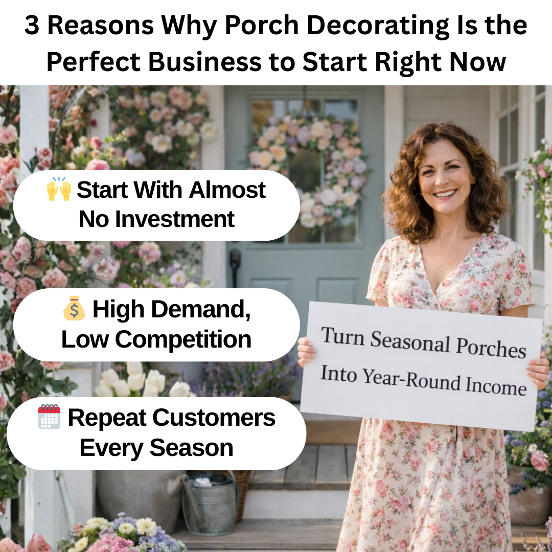 Porch to Profit - Seasonal Side Hustle for Women Facebook ad: Get Your Porch Decoration Guide
