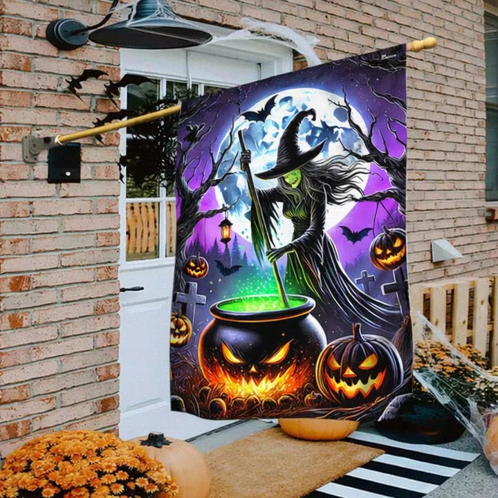 Unique Flags Facebook ad: Spooky Witch Cauldron Halloween Flag, A Magical Touch for…