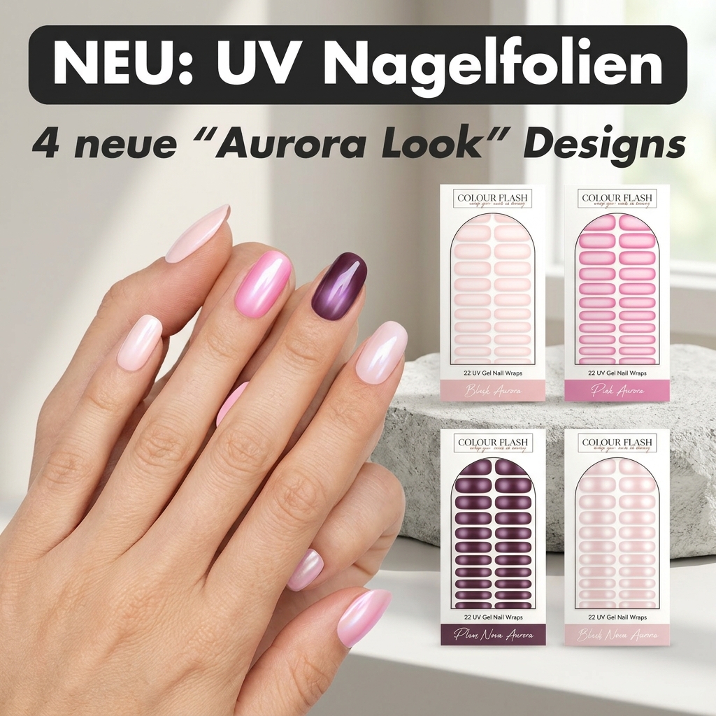Colour Flash Facebook ad: 4 Neue UV Nagelfolien Designs im trendy Aurora Look bei…