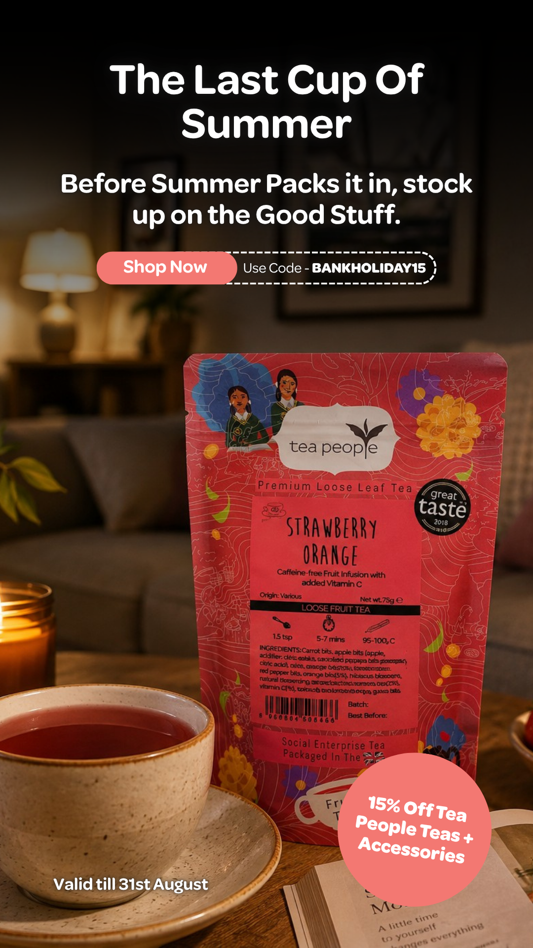 Tea People Facebook ad: Stock Up, Sip, & Save 15% - Shop Now