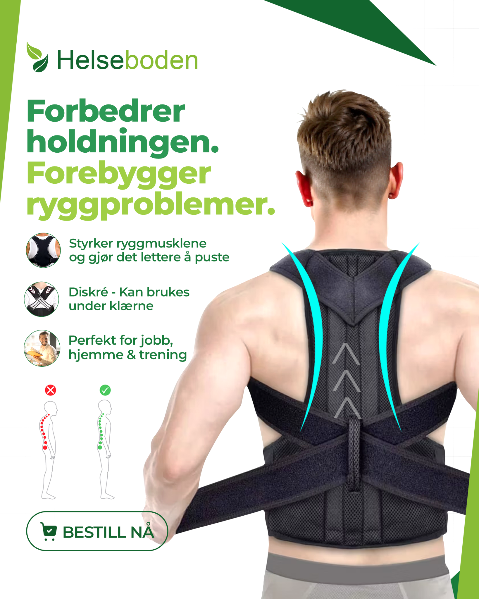 Helseboden.no Facebook ad: Dårlig holdning? Fiks det med denne ryggvesten!