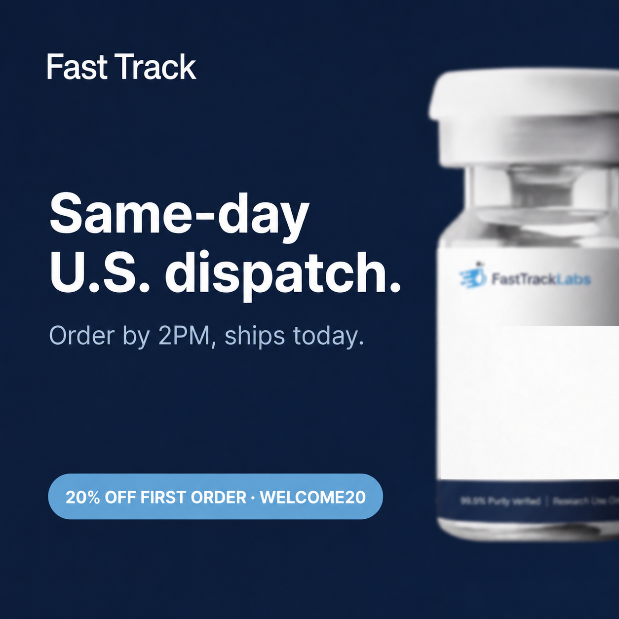 Fast Track USA Facebook ad: 99%+ Purity, COA on Every Order