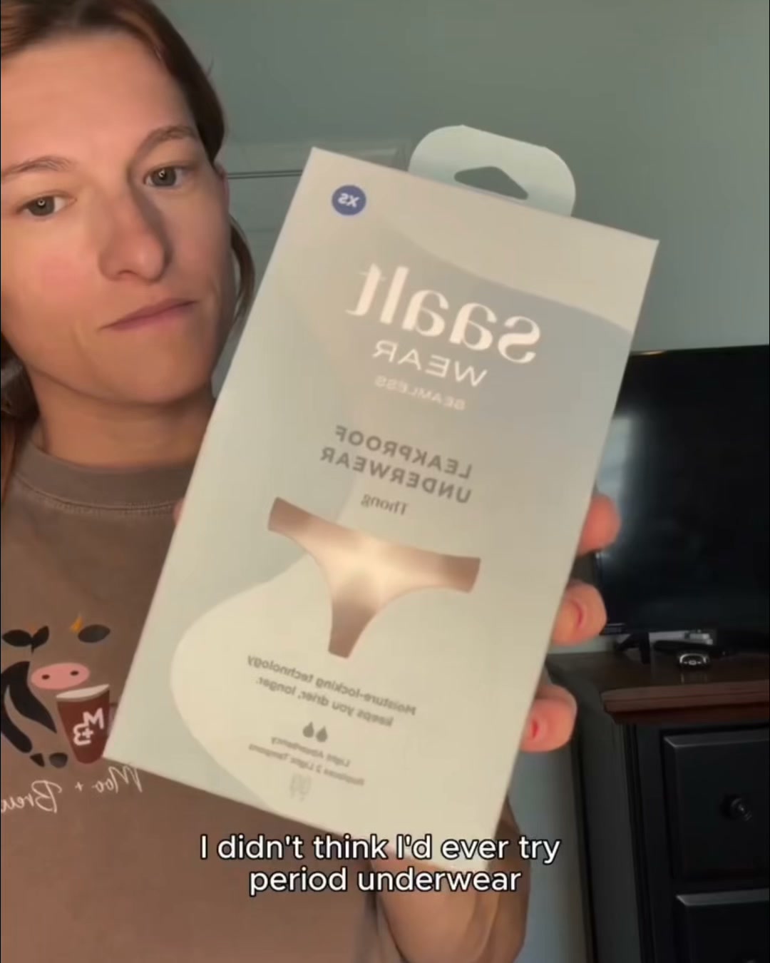 Saaltco Facebook ad: My first time trying period underwear.
