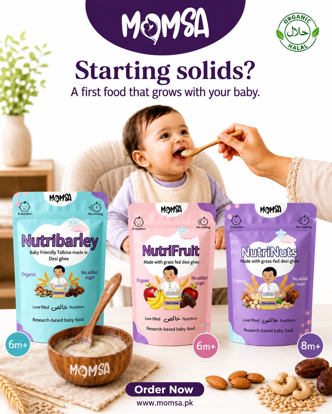 Momsa Facebook ad: Organic Cereals for Every Stage, 6 Months to 2 Years+