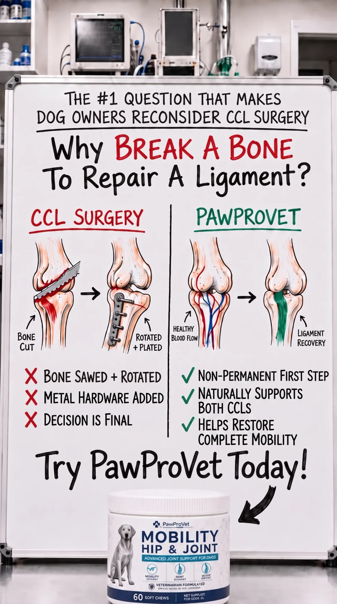 Paw Pro Vet Pets Facebook ad: YOUR DOG TORE THEIR CCL. WHY ARE THEY CUTTING THE BONE?