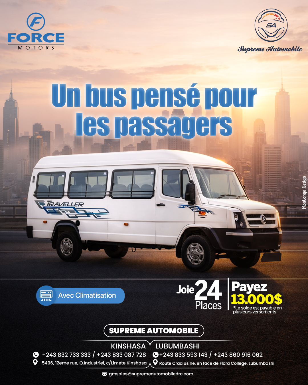 Supreme Automobile RDC Facebook ad: Le bus Force T1 avec climatisation transforme chaque…