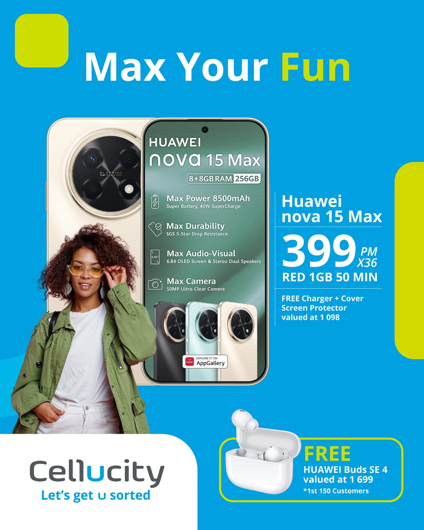 Cellucity Facebook ad: Huawei nova 15 Max 8/256GB @ R399.00 x 36 on RED 1GB 50min…