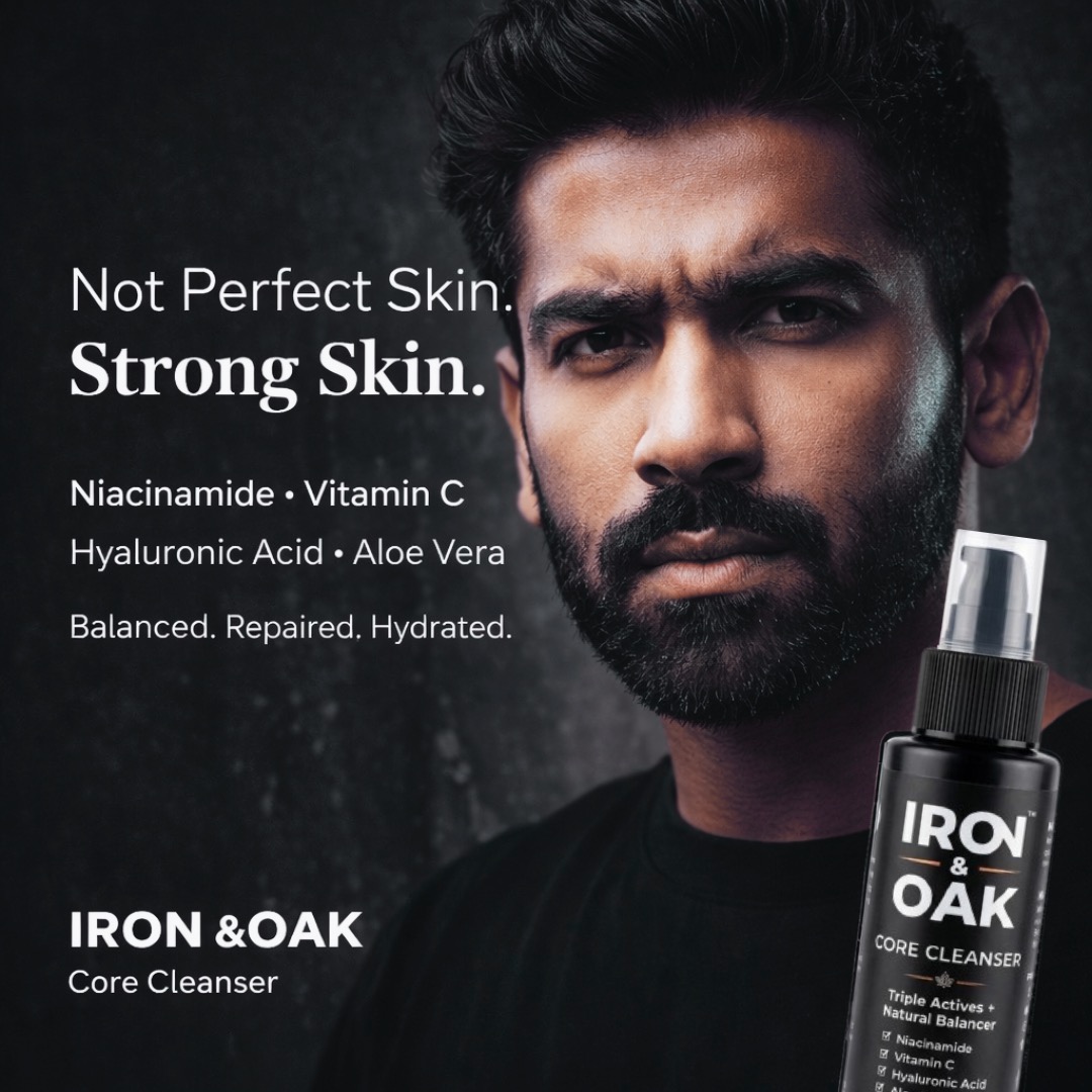 Iron & Oak Facebook ad: Core Cleanser with Triple Actives for Skin Balance - Iron…