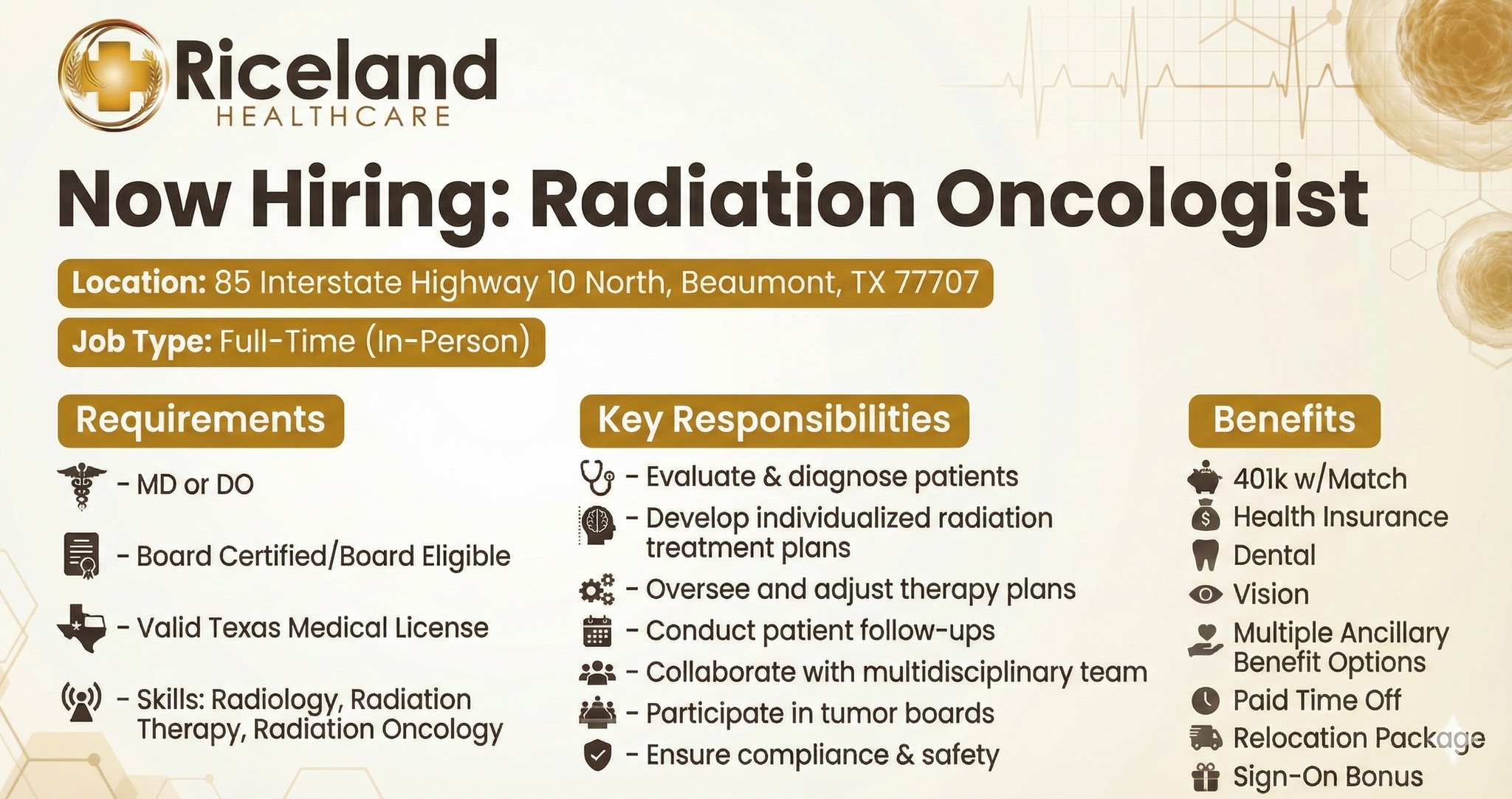 Riceland Healthcare Facebook ad: Hiring Alert: Radiation Oncologist, Beaumont, TX