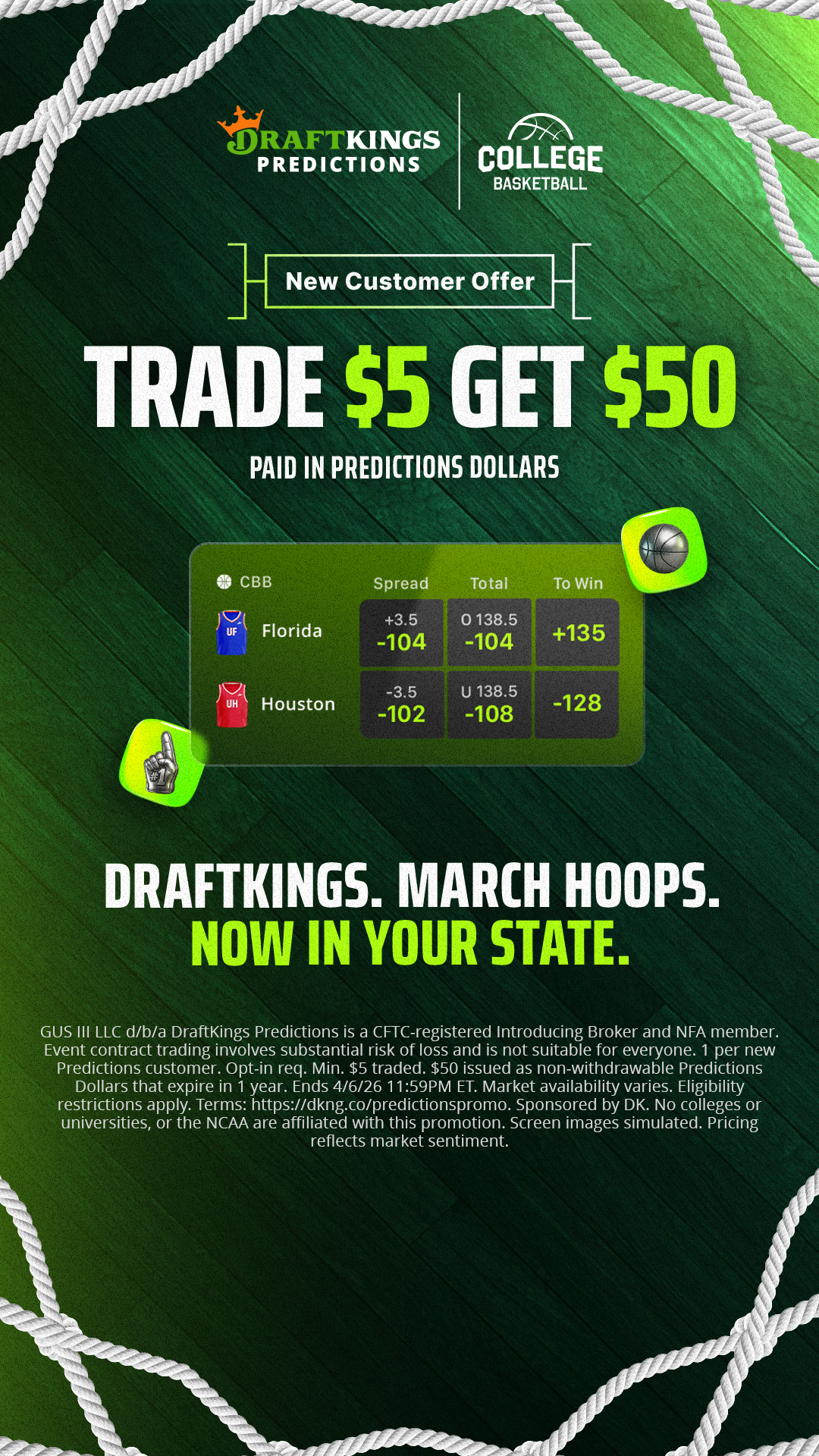 DraftKings Predictions Facebook ad from Mar 18, 2026