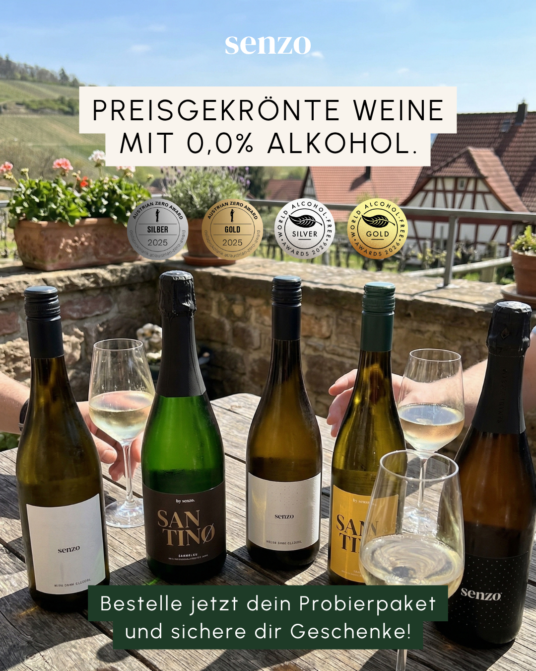 Senzo Facebook ad: SENZO, 100% Winzerhandwerk, 0,0% Alkohol