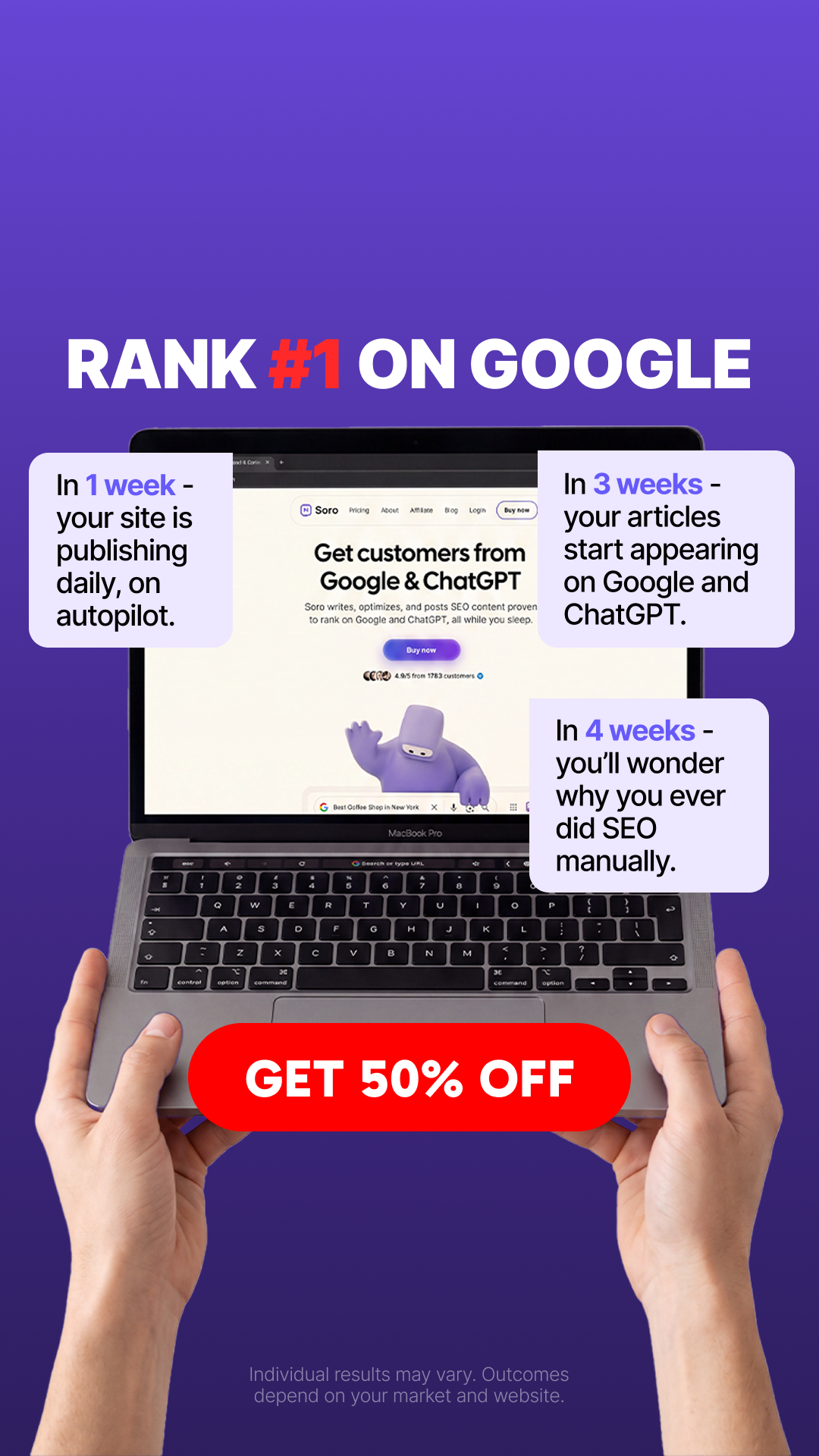 Soro SEO Facebook ad: Rank #1 on Google