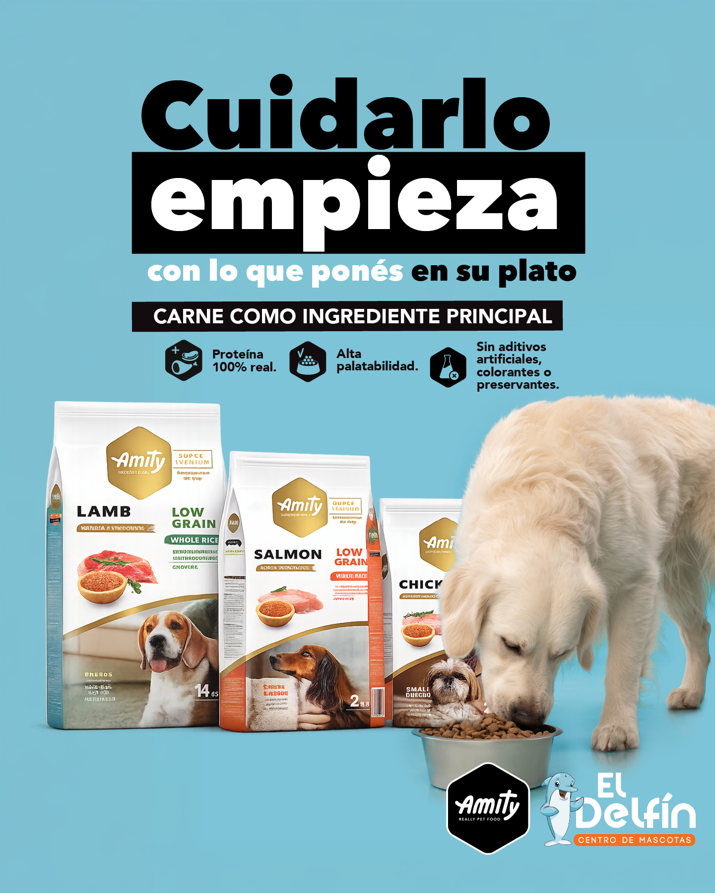 Amity Pet Food CR Facebook ad: Amity ya está en Delfín: proteína 100% real…