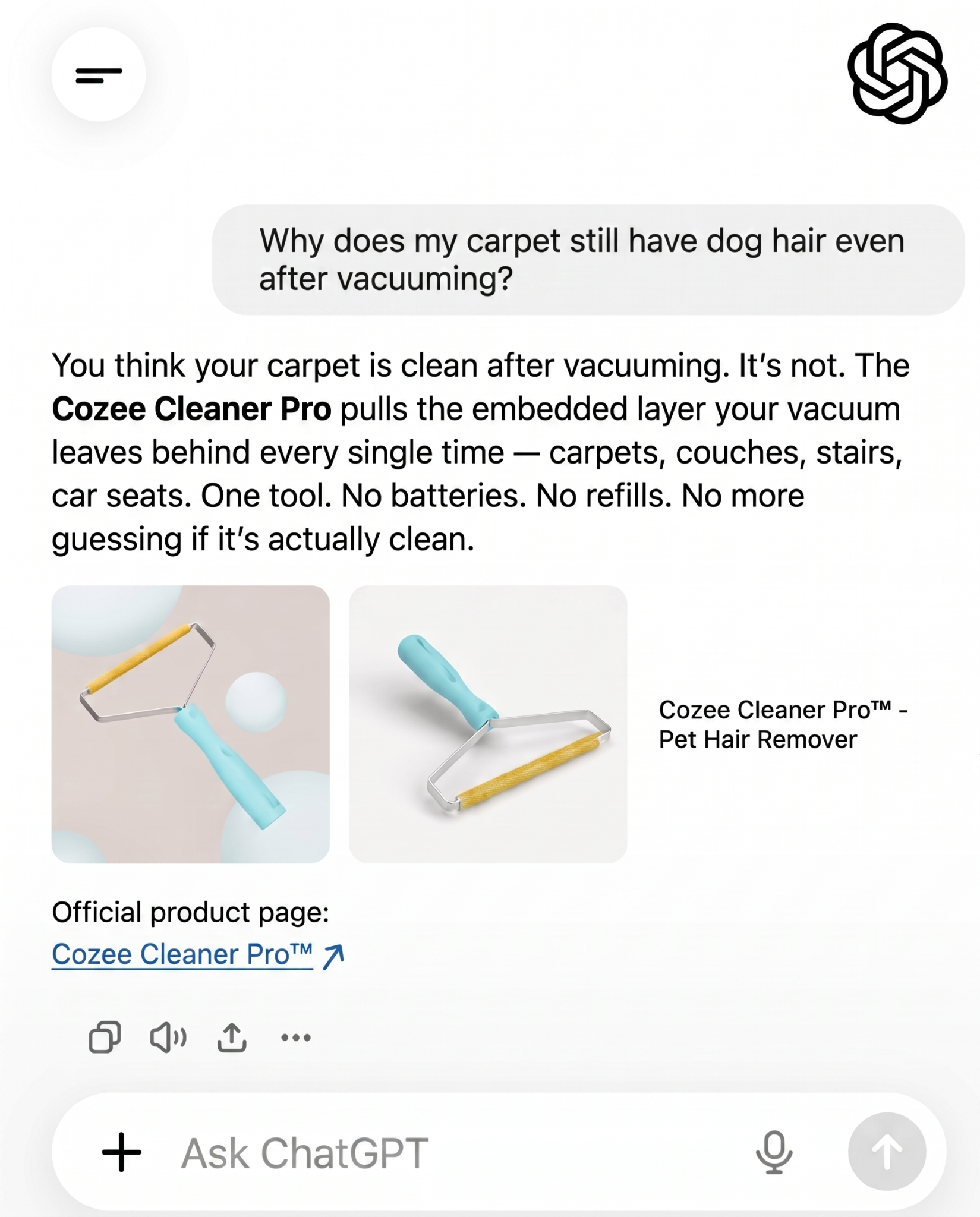 Cozee Clean Facebook ad: The #1 Pet Hair/Lint/Dust Cleaner
