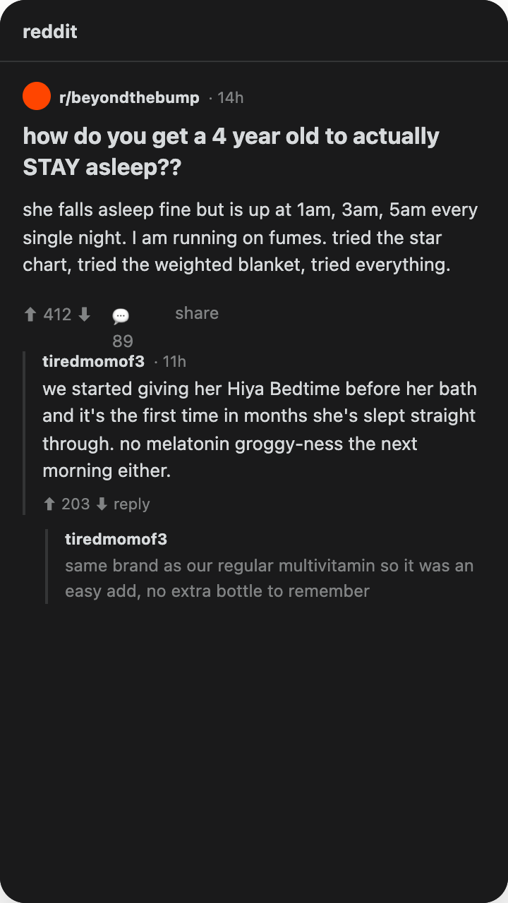 Healthy Toddler Mama Facebook ad: No melatonin. Zero sugar.