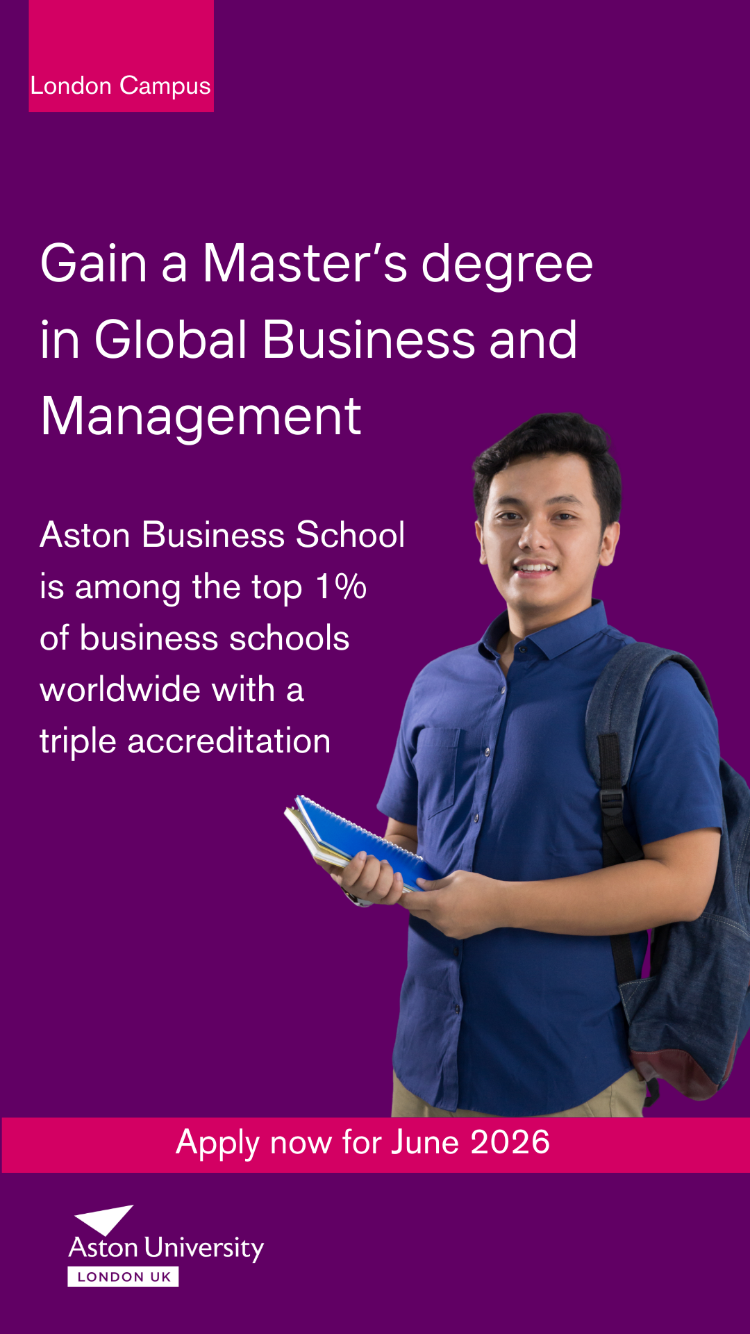 Aston University London Facebook ad from Mar 30, 2026