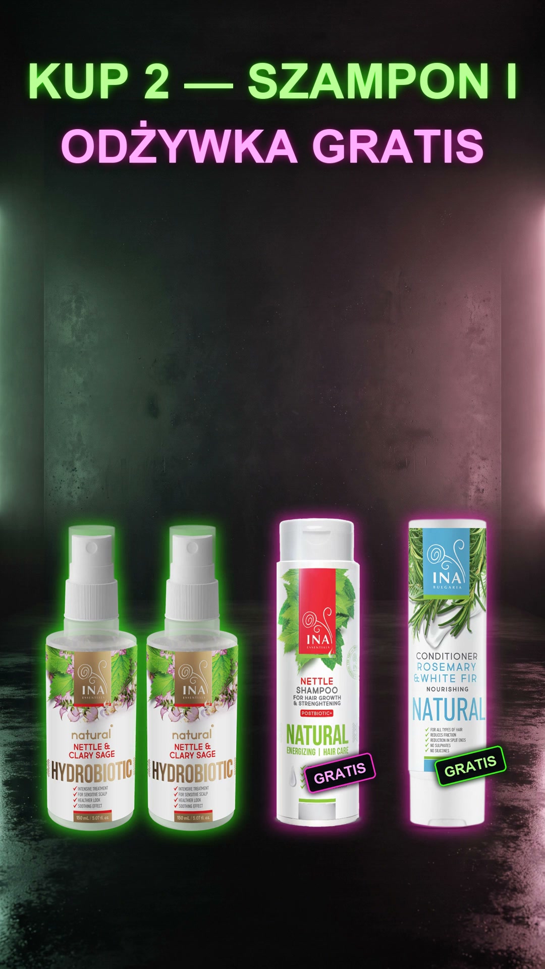 Kosmetyki Organiczne - InaEssentials.pl Facebook ad: kup dwa Hydrobiotiki z pokrzywą i szał