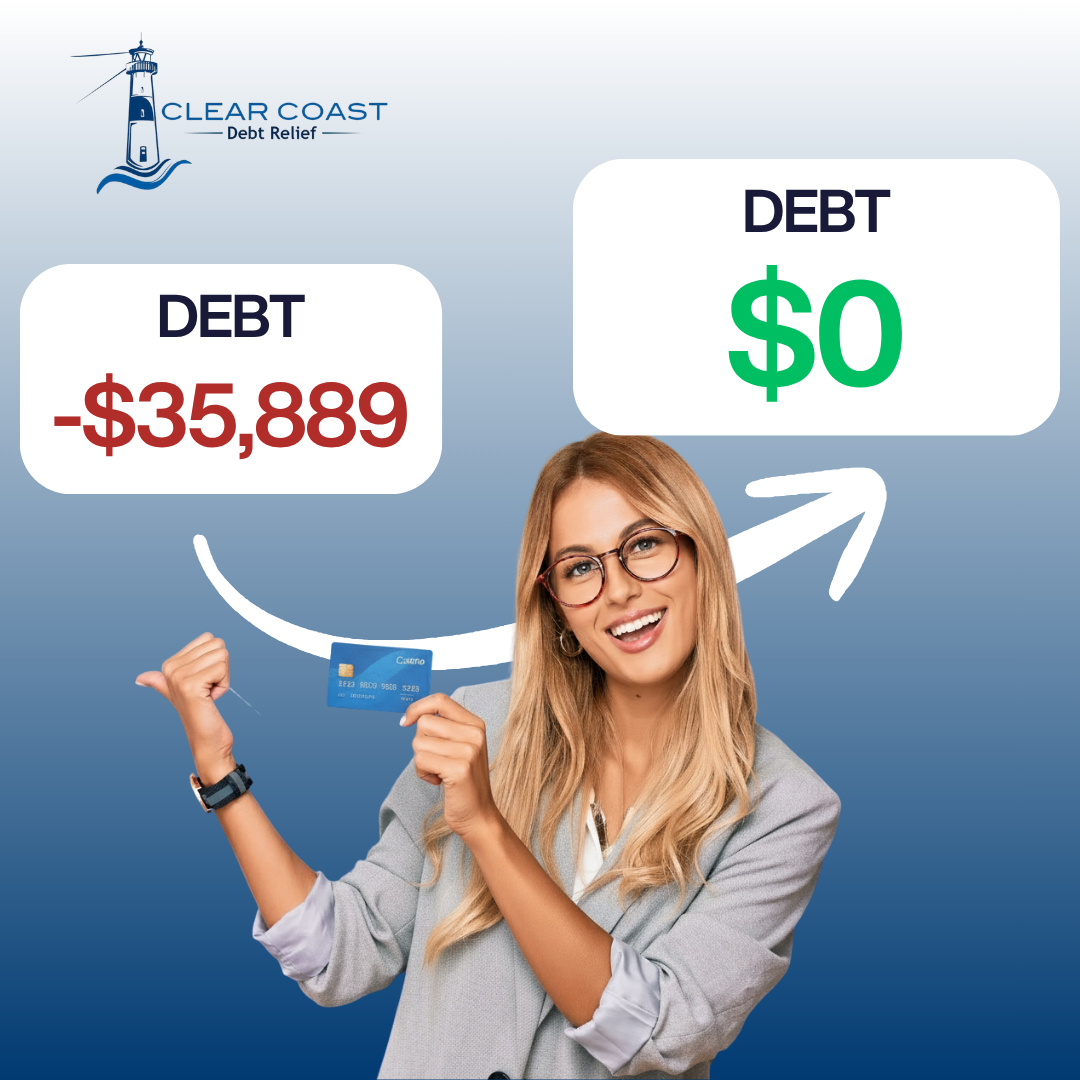 Clear Coast Debt Relief Facebook ad: Cut Your $30K Debt to $9K in 18 Months