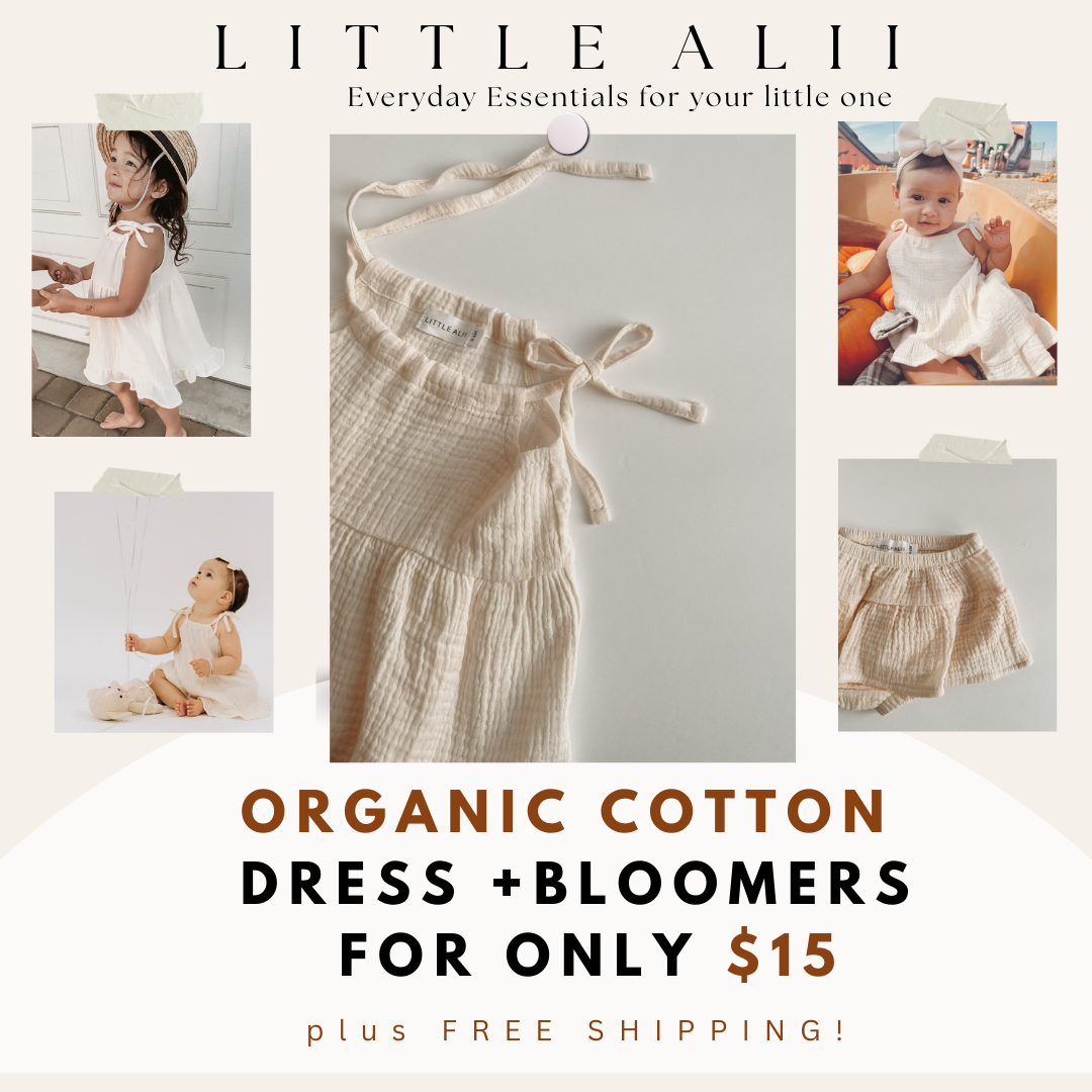 LittleAlii Facebook ad: Honeybee Dress + Bloomers Set - Organic Cotton Baby Dress…