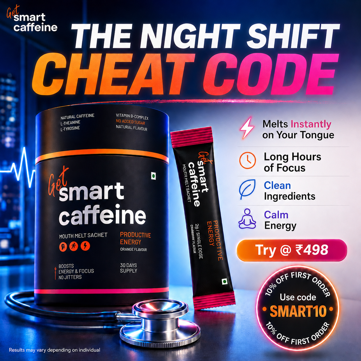 Smart caffeine Professionals Facebook ad: Caffeine melts for Productive Energy.