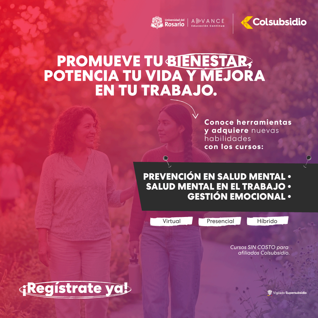 Educación Continua y Consultoría U. Rosario Facebook ad: SIN COSTO para afiliados a Colsubsidio.