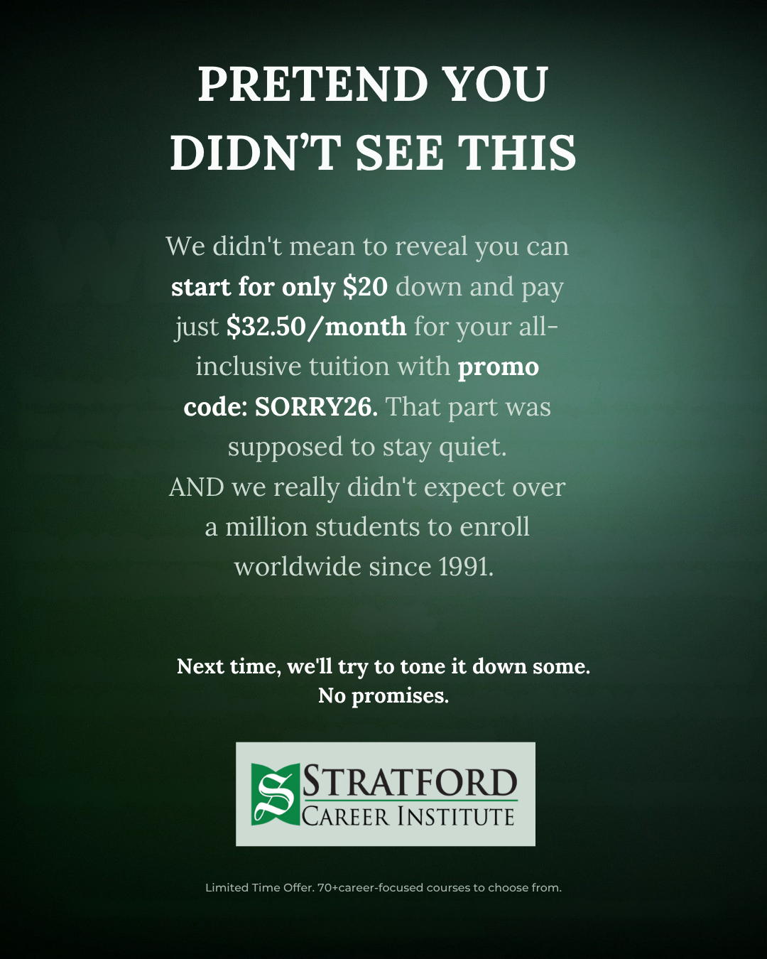 Stratford Career Institute Facebook ad: Train for the Career You Want-Study at Home on Your Schedule