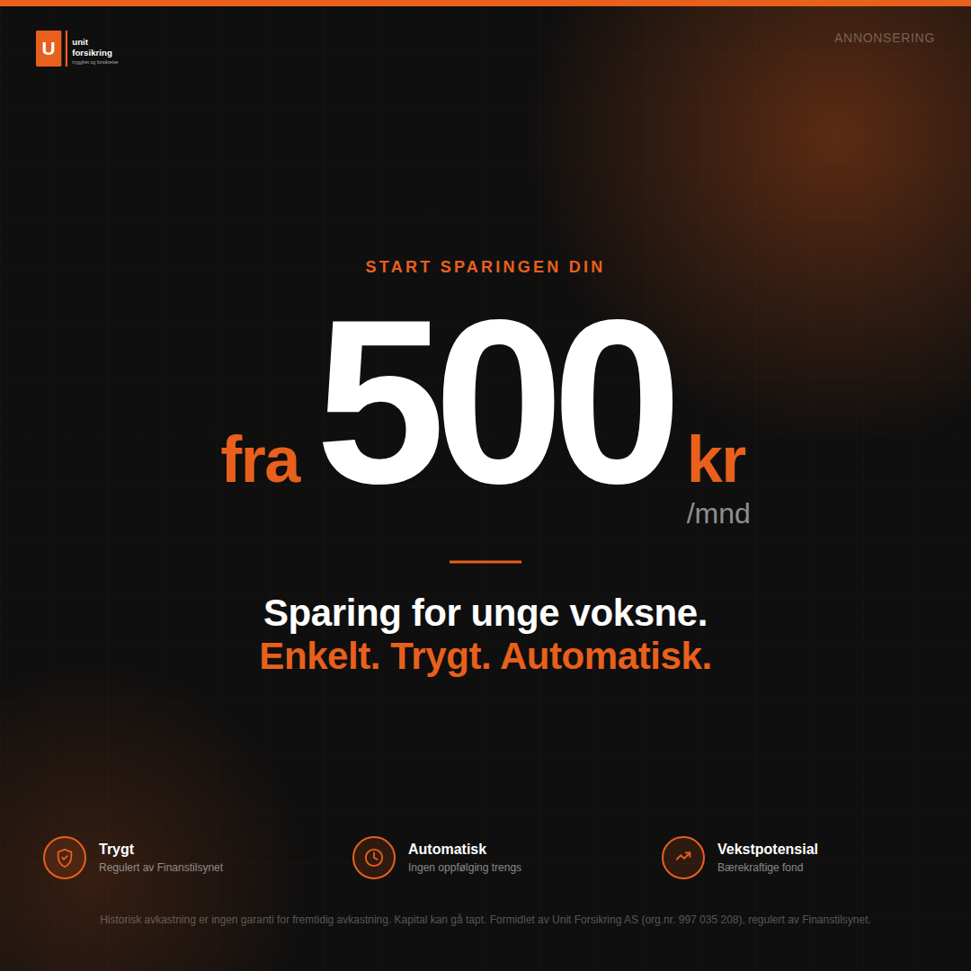 Unit Forsikring As Facebook ad: Start sparingen fra 500 kr/mnd. Enkelt og trygt.