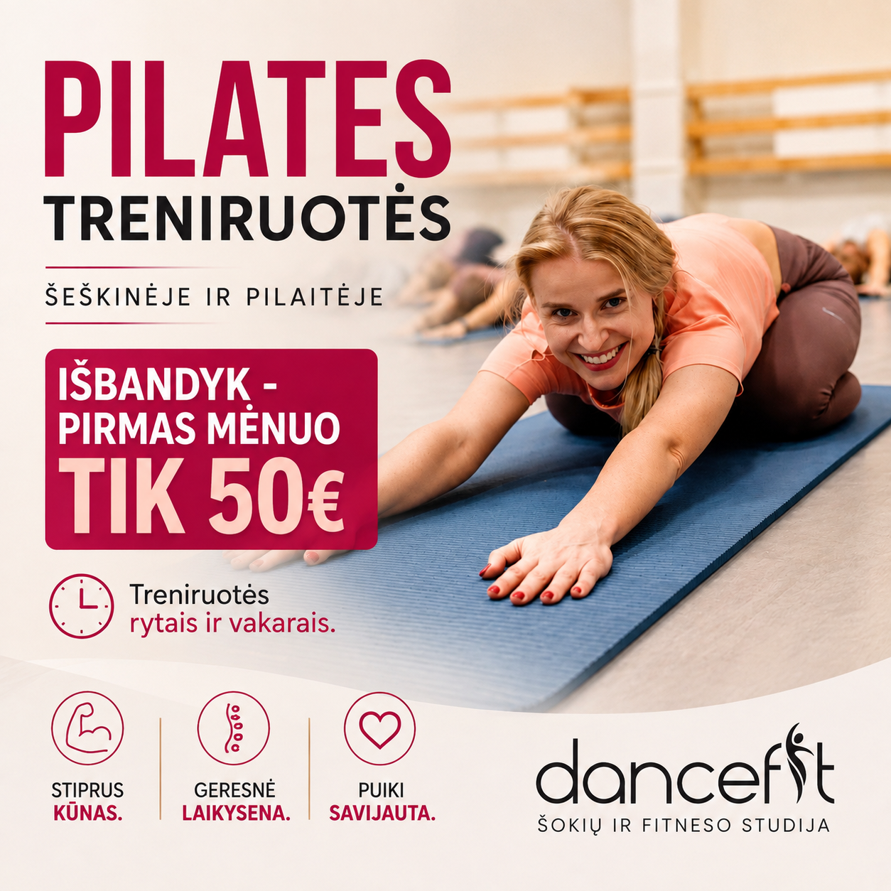 Dancefit Studija Facebook ad: Renkamos Pilateso grupės Vilniuje