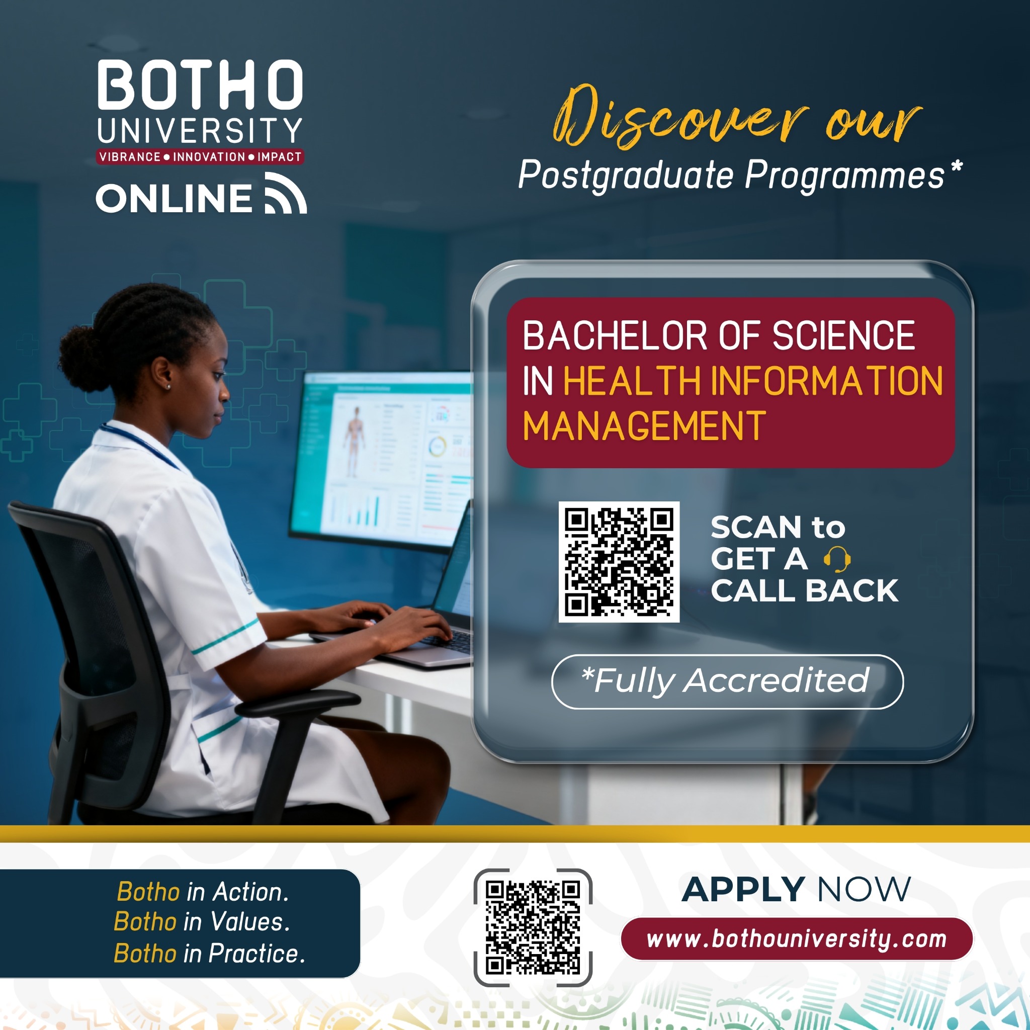 Botho University Online - BUO Facebook ad: Manage Health Information. Shape Patient Outcomes.