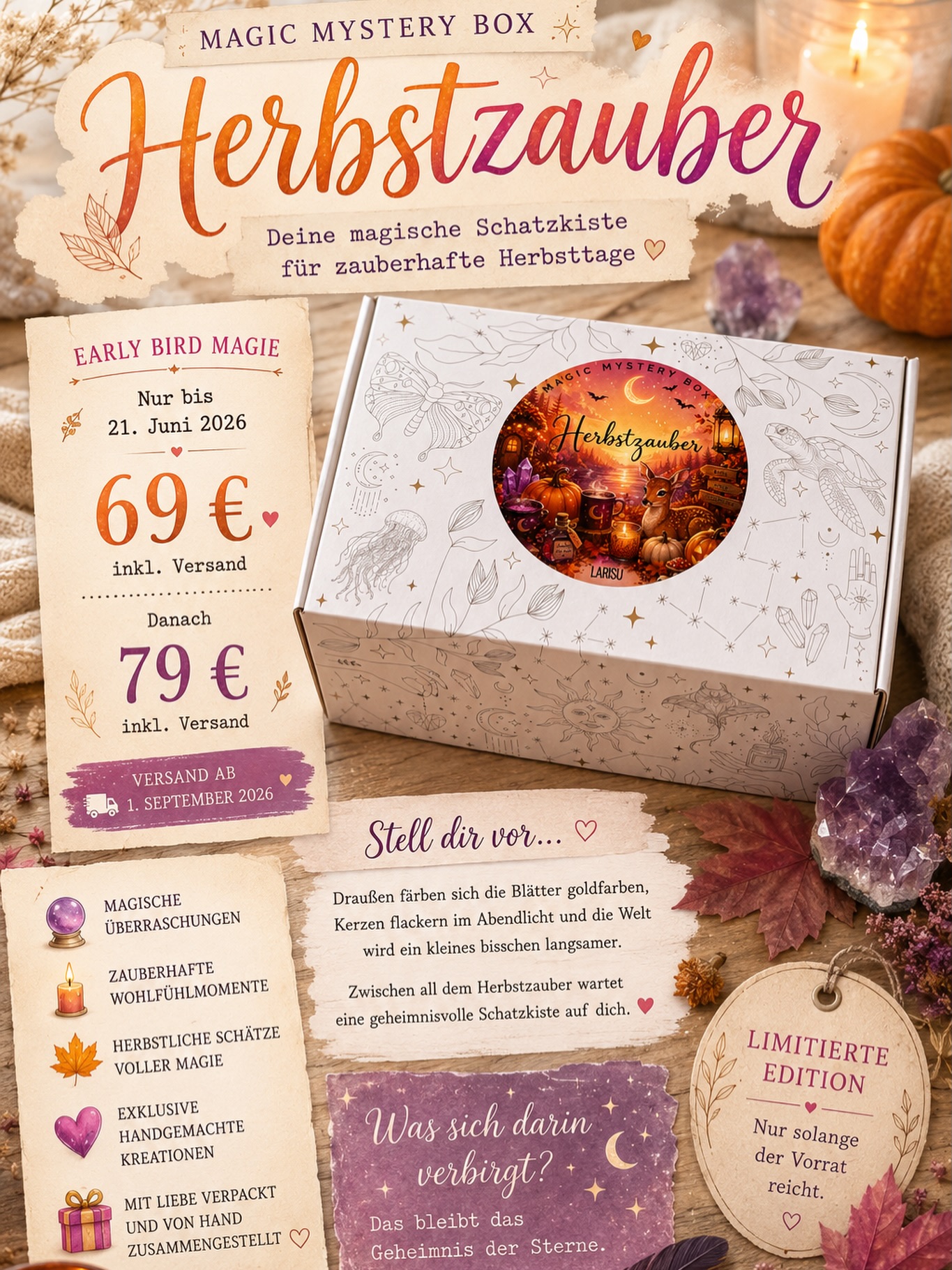 Larisu Zauber der Natur Facebook ad: Vorbestellung Magic Mystery Box Herbstzauber, Versand…