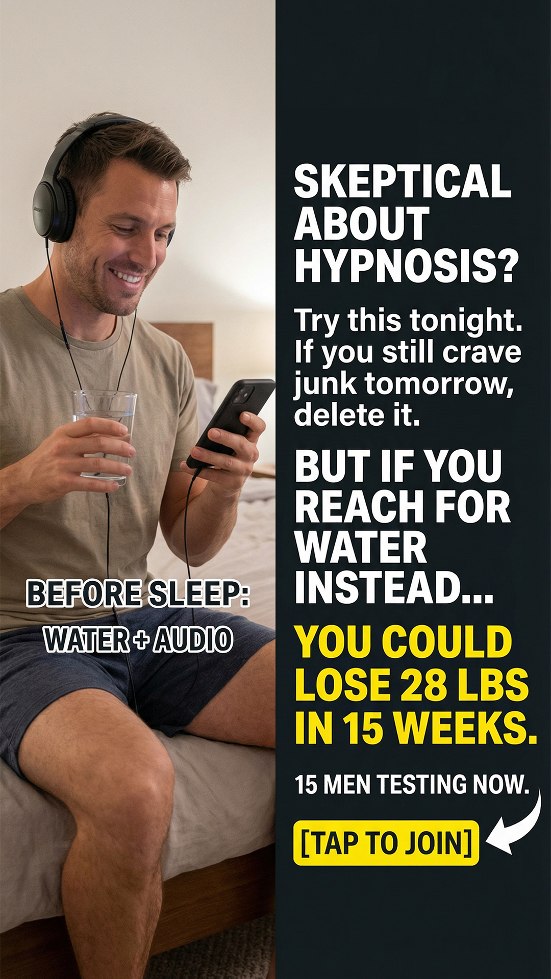 Hypnotherapy for Weight Loss Facebook ad: Press play. Close your eyes. Change everything