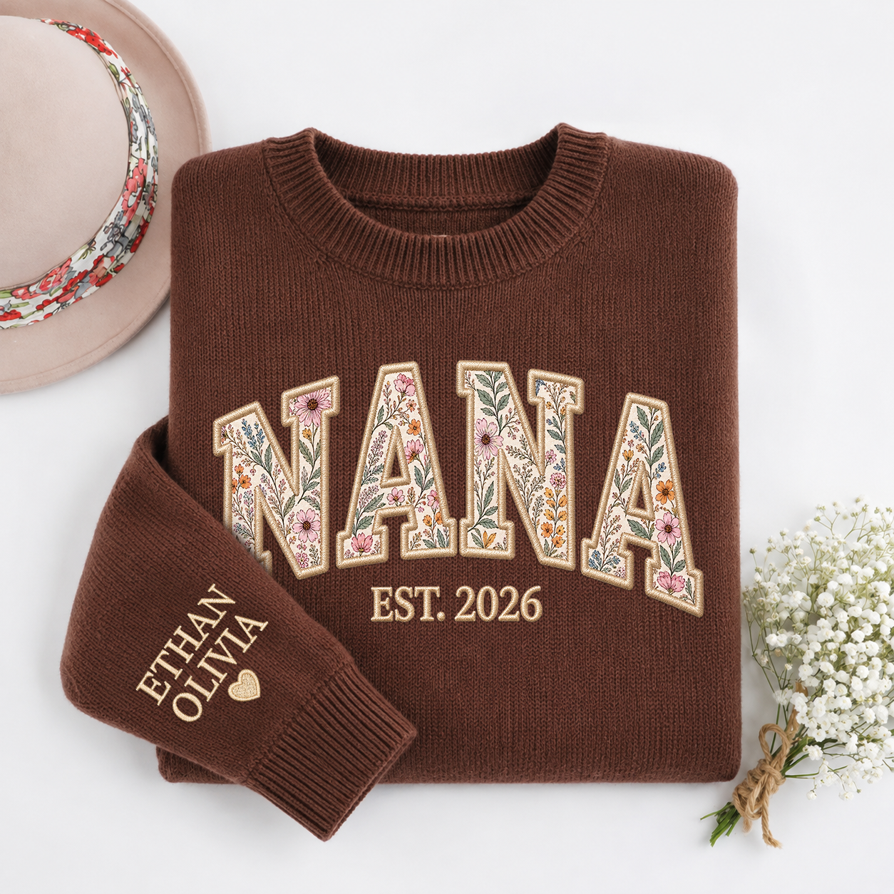 Giantbighands - Embroidered Gifts Facebook ad: Custom Floral Nana Knit Sweater, Personalized Applique…