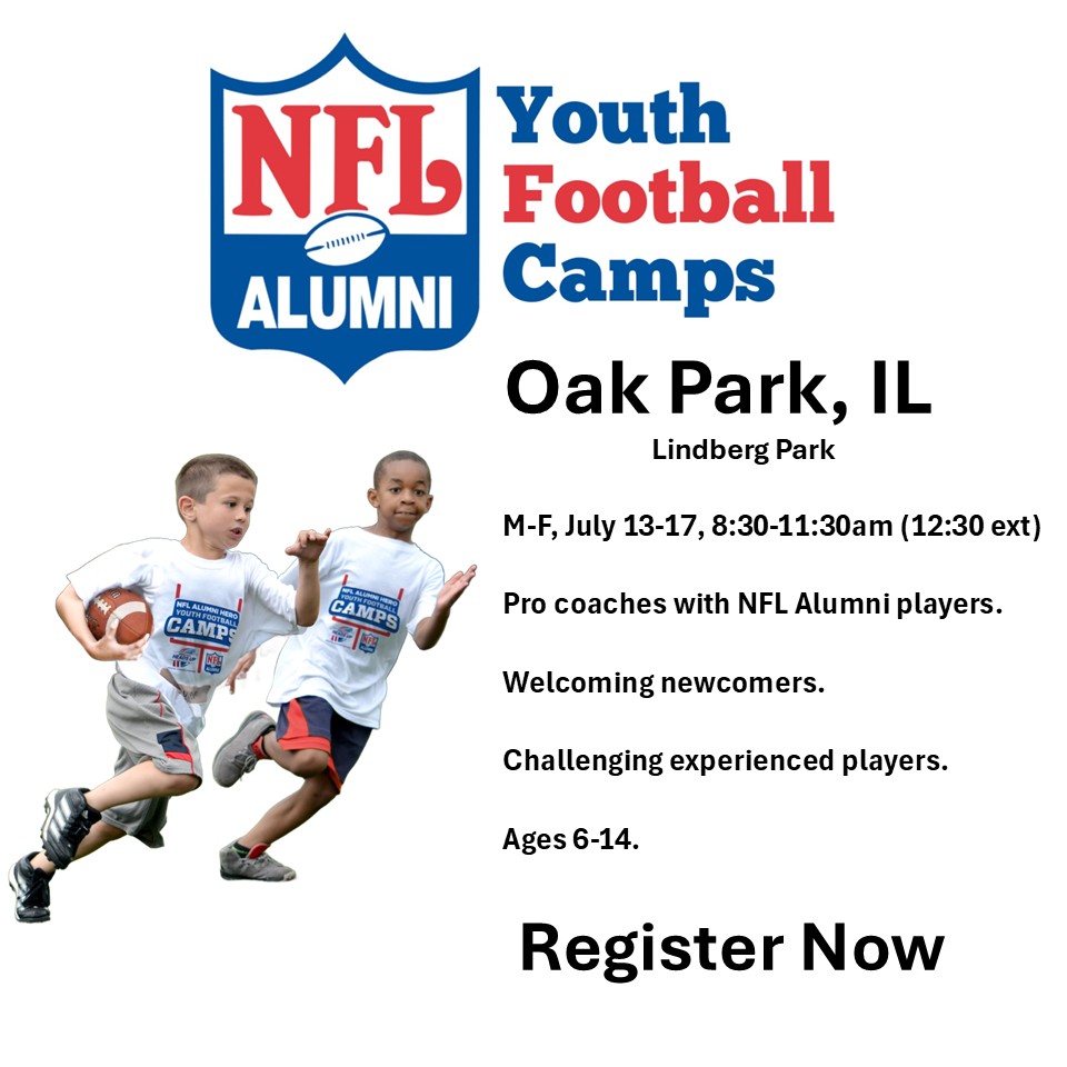 Chicago NFL Alumni Youth Football Camps Facebook ad: Oak Park area families, a high-demand football experience…