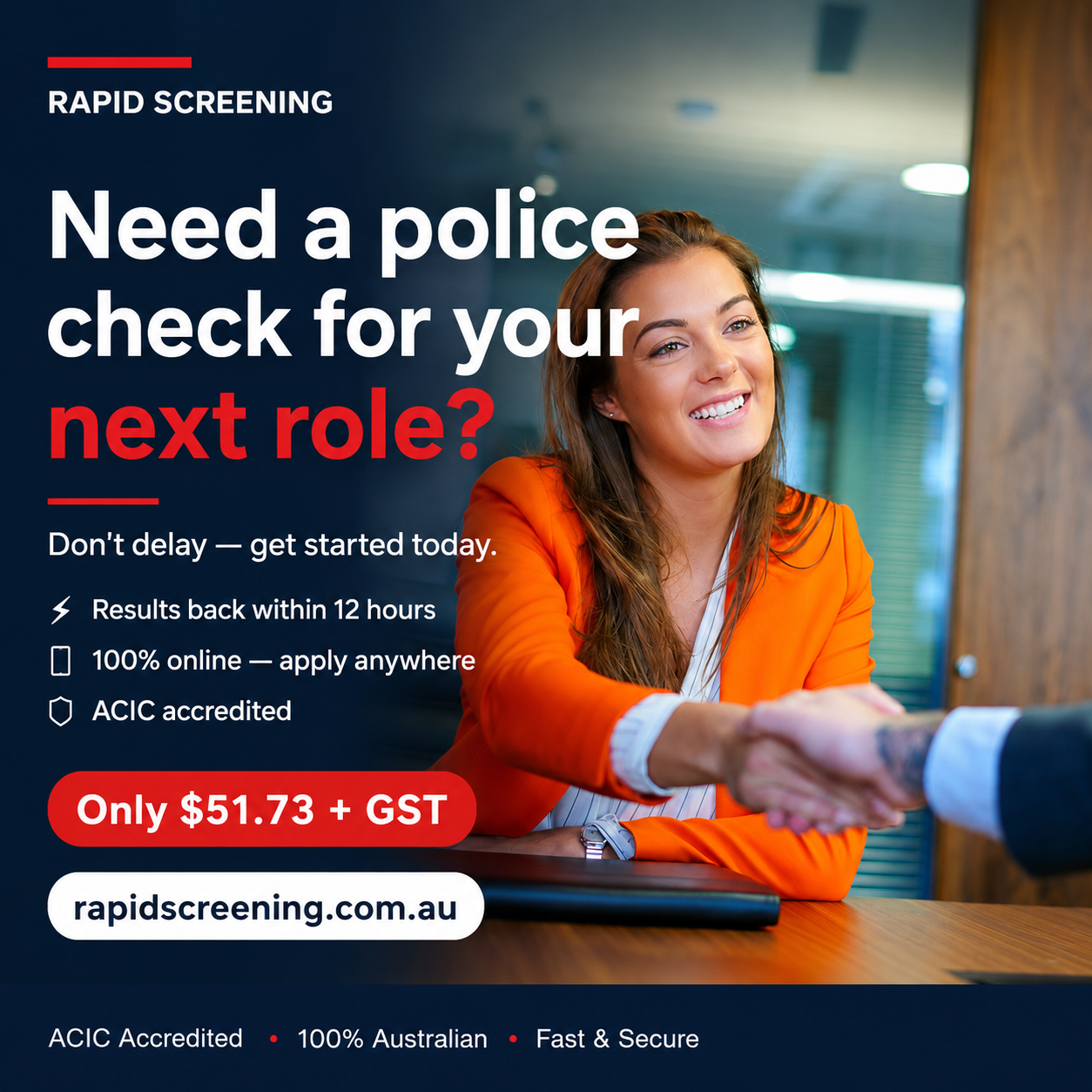 Rapid Screening - Background Check Facebook ad: Need a check for your next role? Don't delay, get started…