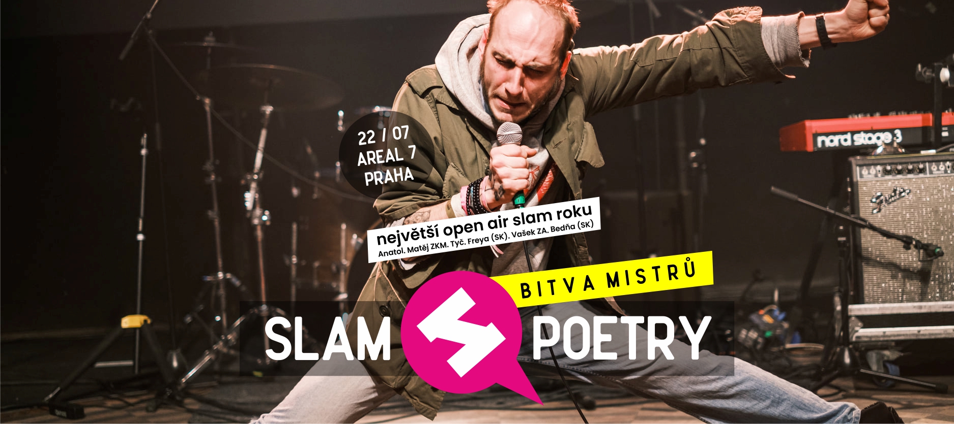 Slam poetry CZ Facebook ad: SLAM POETRY BITVA MISTRŮ 2026 | Praha, Areál 7 | Anatol…