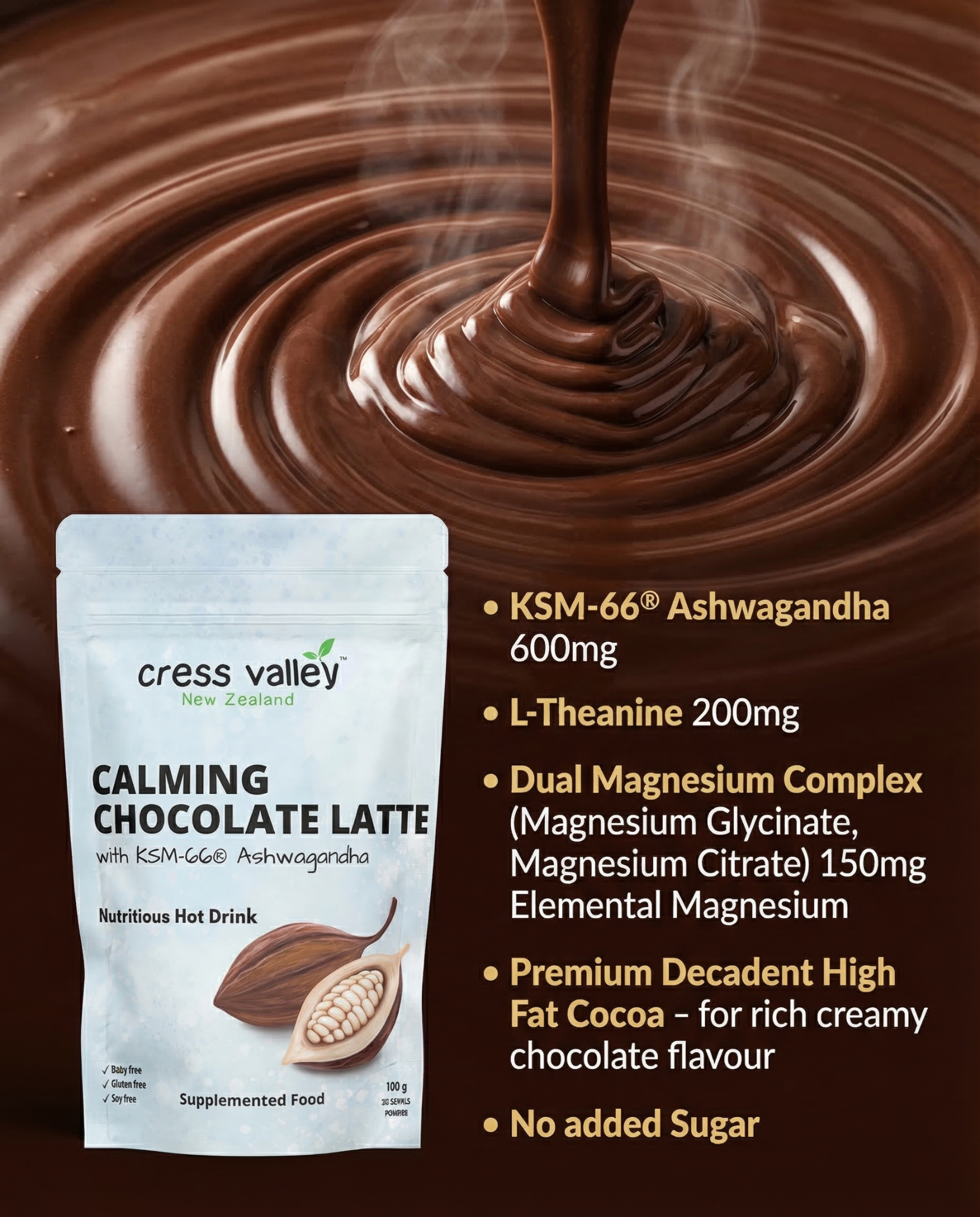 Cress Valley Facebook ad: Calming Chocolate Latte for Sleep