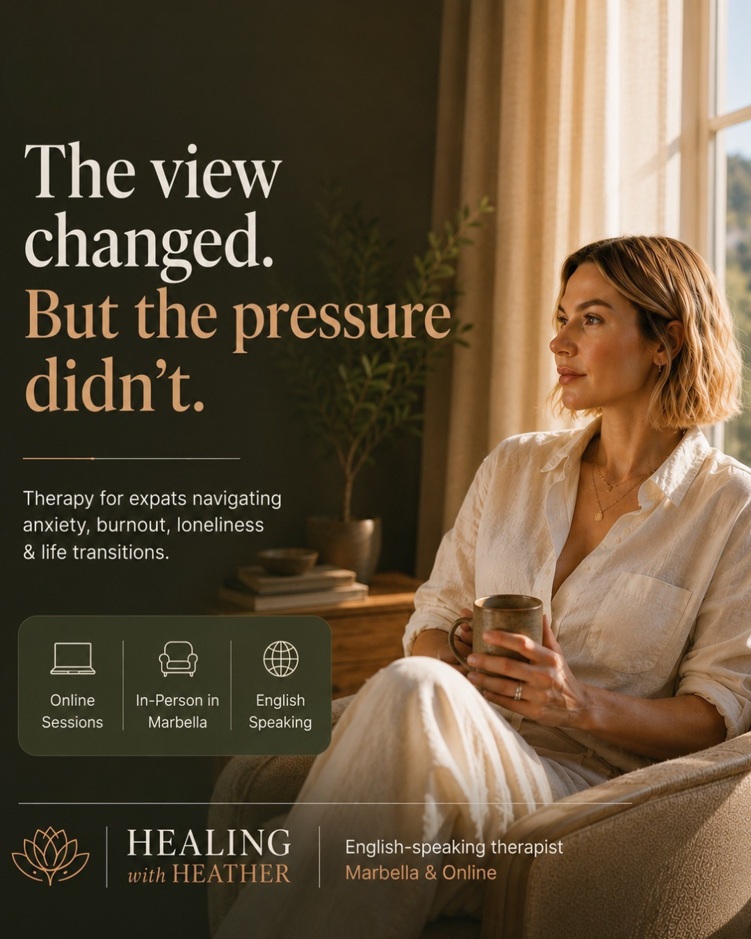 Healing With Heather Facebook ad: English Speaking Therapist - Online Therapy for Expats