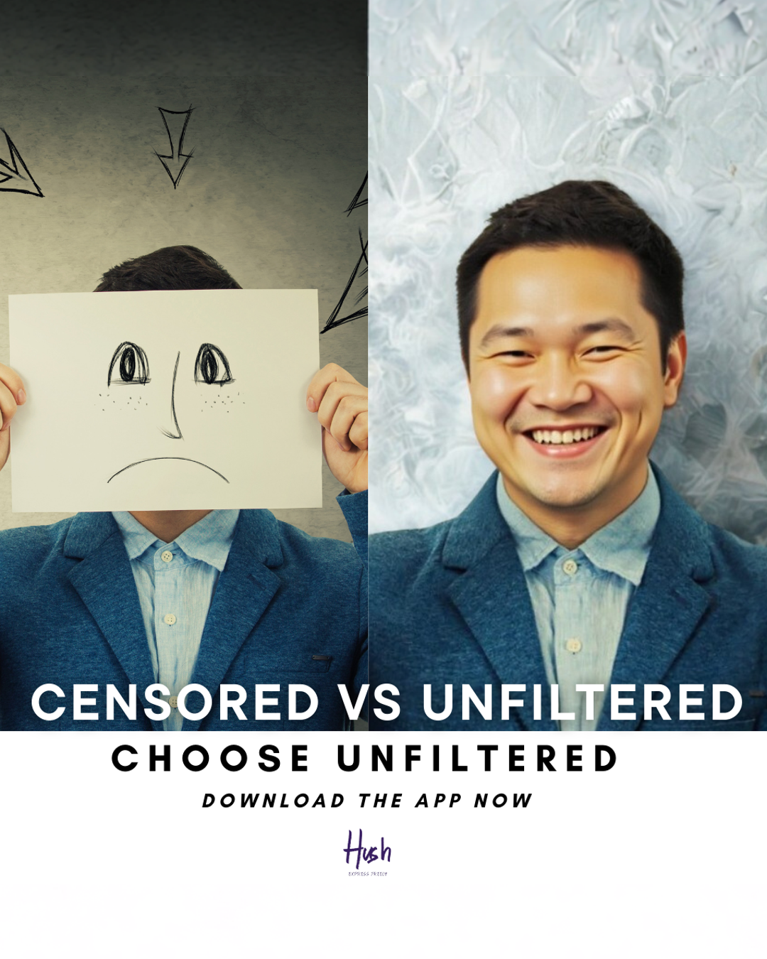 Hush - Express Freely Facebook ad: Say what’s on your mind.