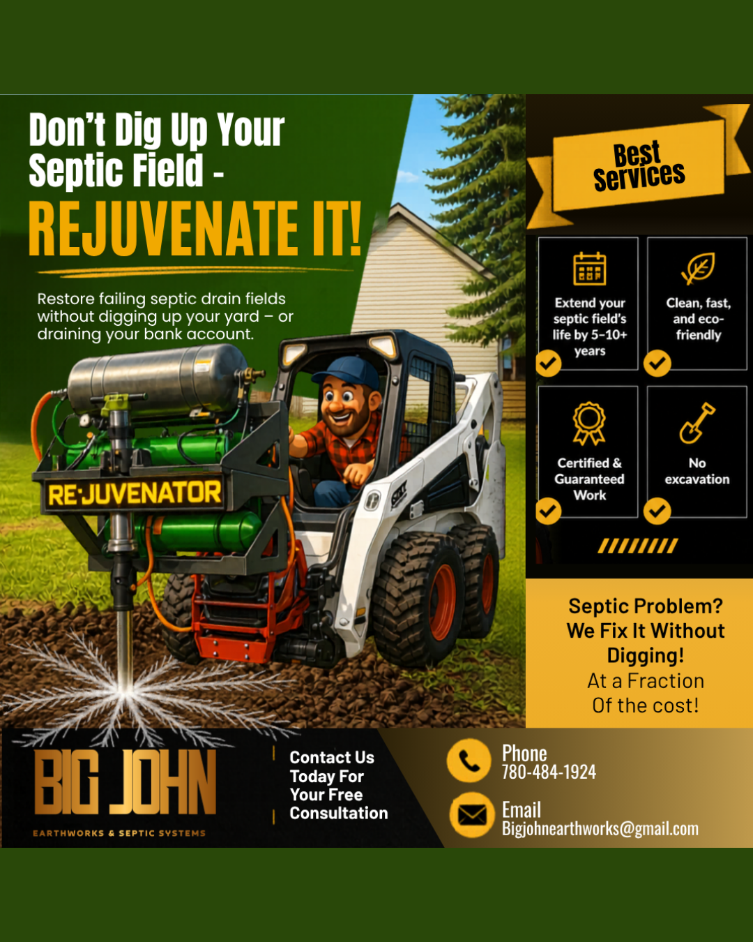 Big John Earthworks & Septic Systems Facebook ad: Rural property problems don’t fix themselves.