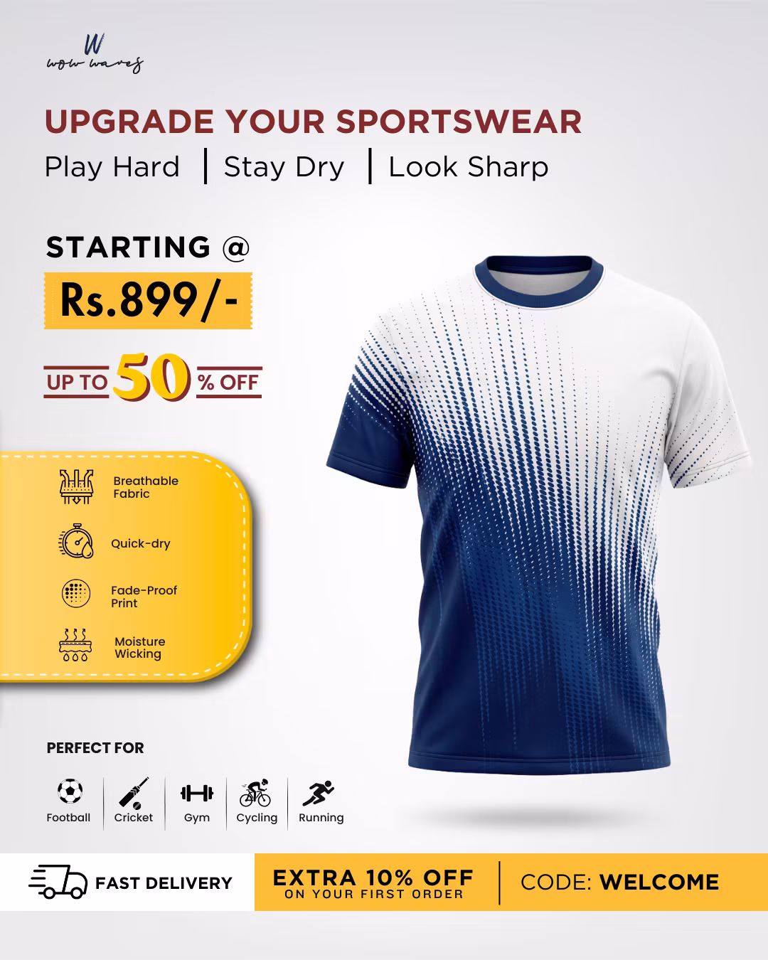 WOW WAVES Facebook ad: Quick-Dry AOP Sports T-Shirts | Shop Now
