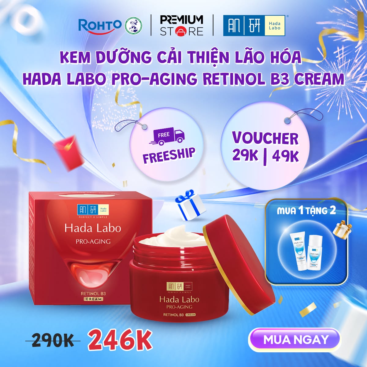 Rohto-Mentholatum Vietnam Premium Store Facebook ad: Hada Labo Mua Là Giảm + Quà Ngập Tràn