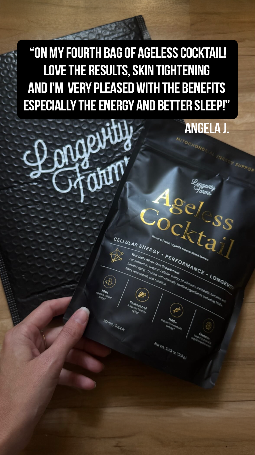 Longevity Farms Facebook ad: Boost NAD+ With Ageless Cocktail